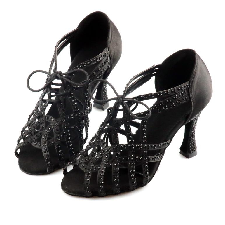 Women's Satin Black Rhinestone Customized Heel Heels Dance Boots Salsa Dance Shoes