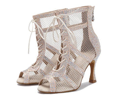 Women's Satin Flesh Pink Customized Heels Dance Boots JazSalsa Dancing Shoes