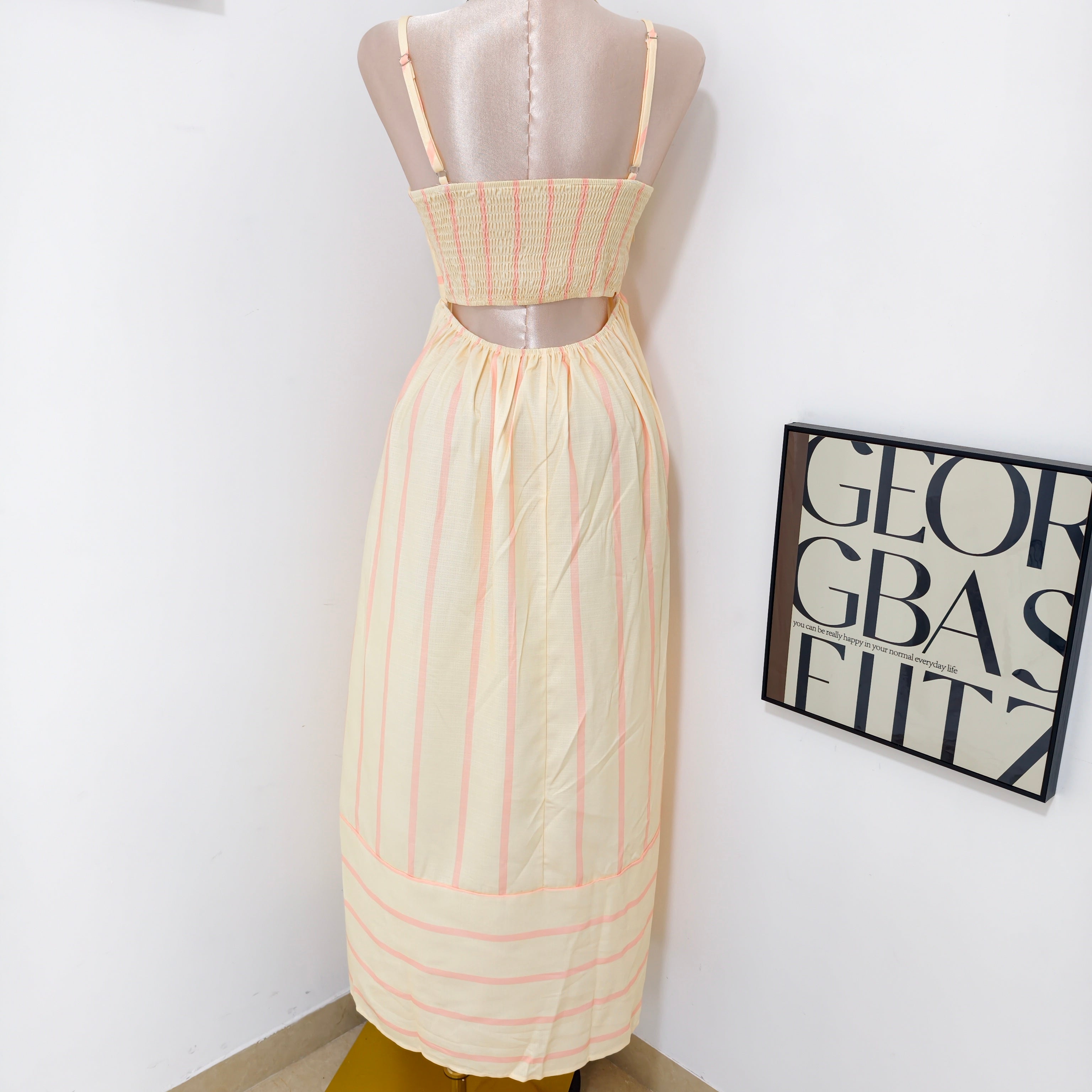 Striped halter-neck backless dress
