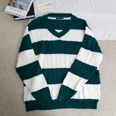 Striped twisted V-neck knitted sweater