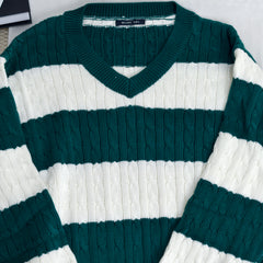 Striped twisted V-neck knitted sweater