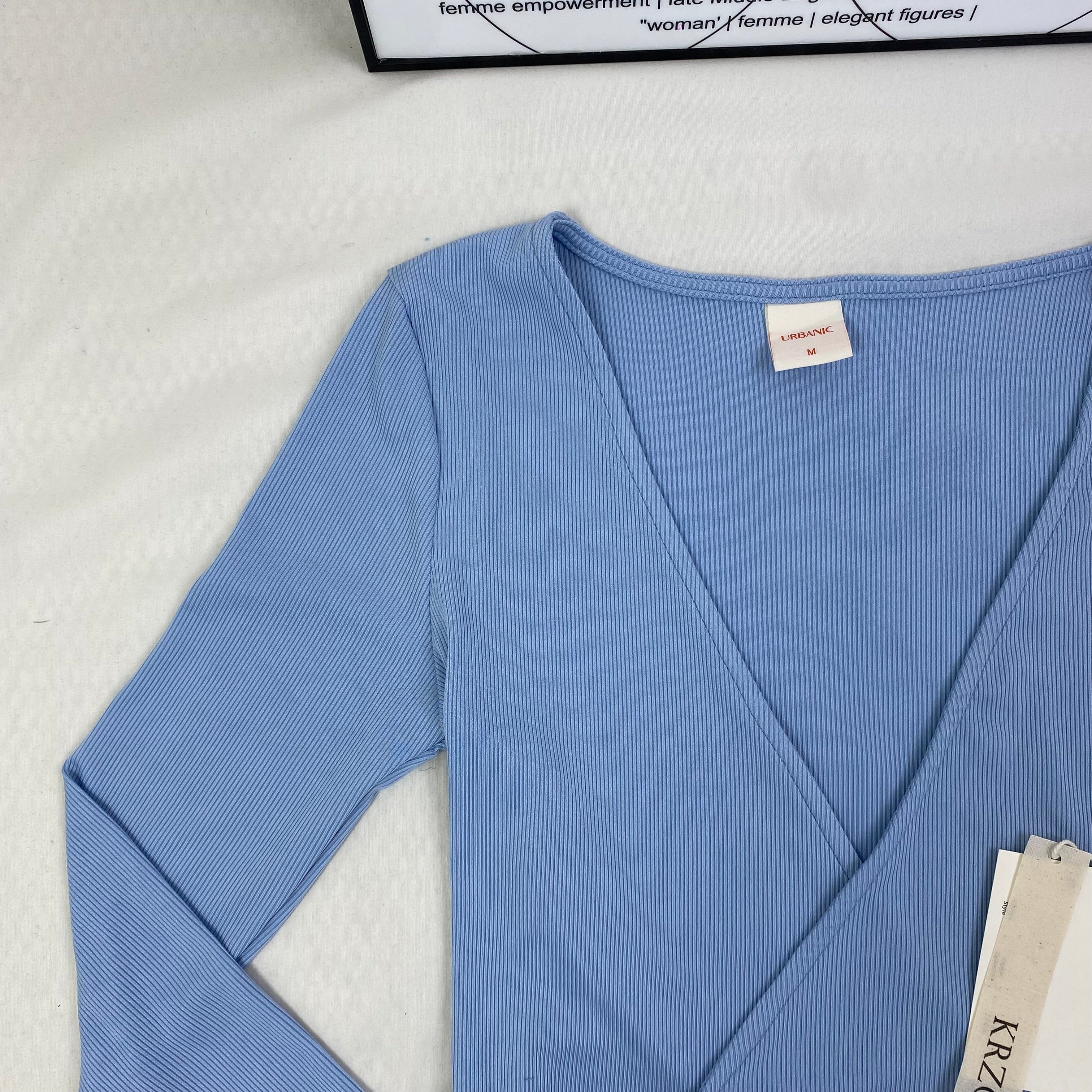Solid-color V-neck strap long-sleeved top