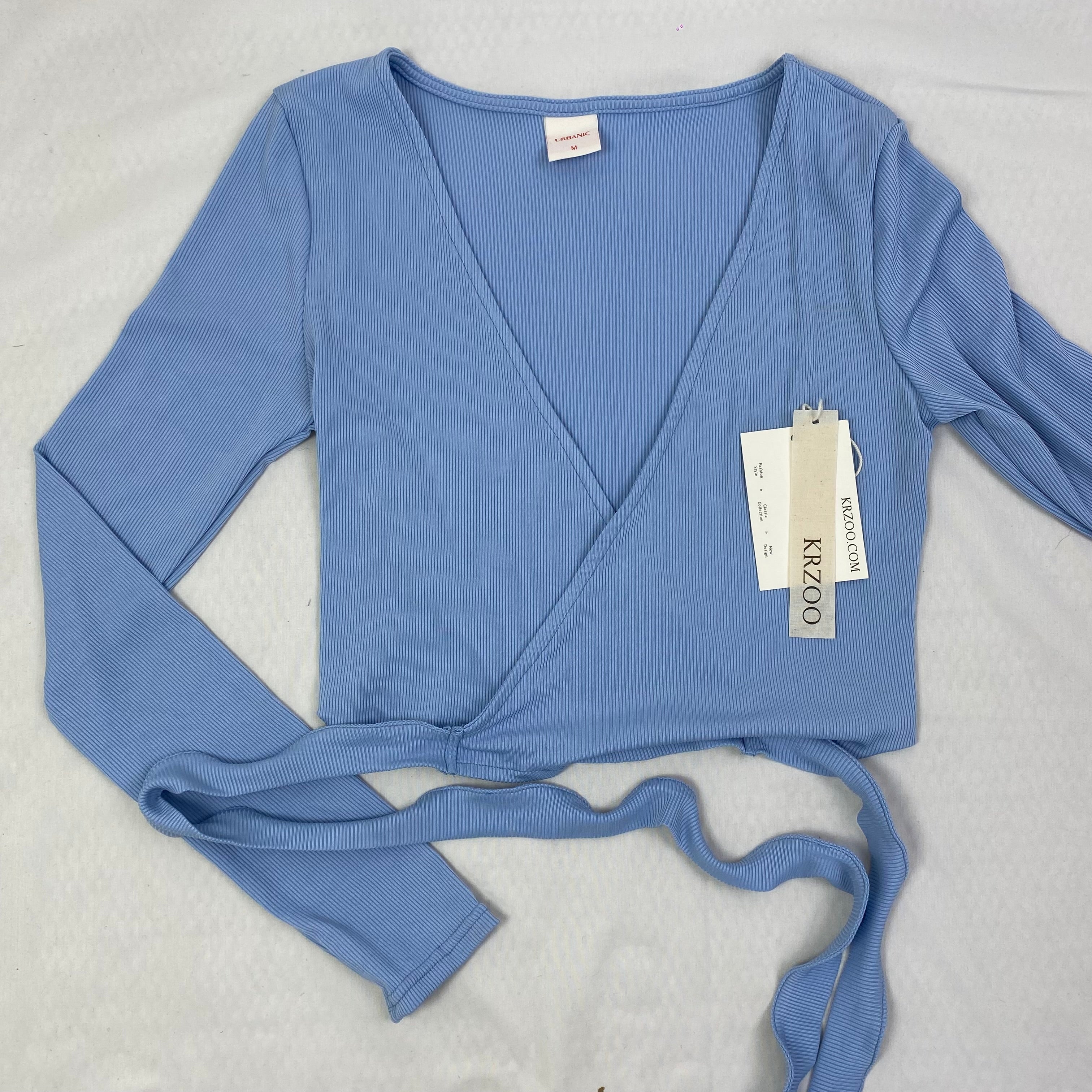 Solid-color V-neck strap long-sleeved top