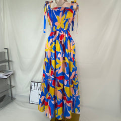 Short-sleeved printed long-sleeved halter dress