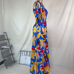 Short-sleeved printed long-sleeved halter dress