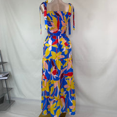 Short-sleeved printed long-sleeved halter dress
