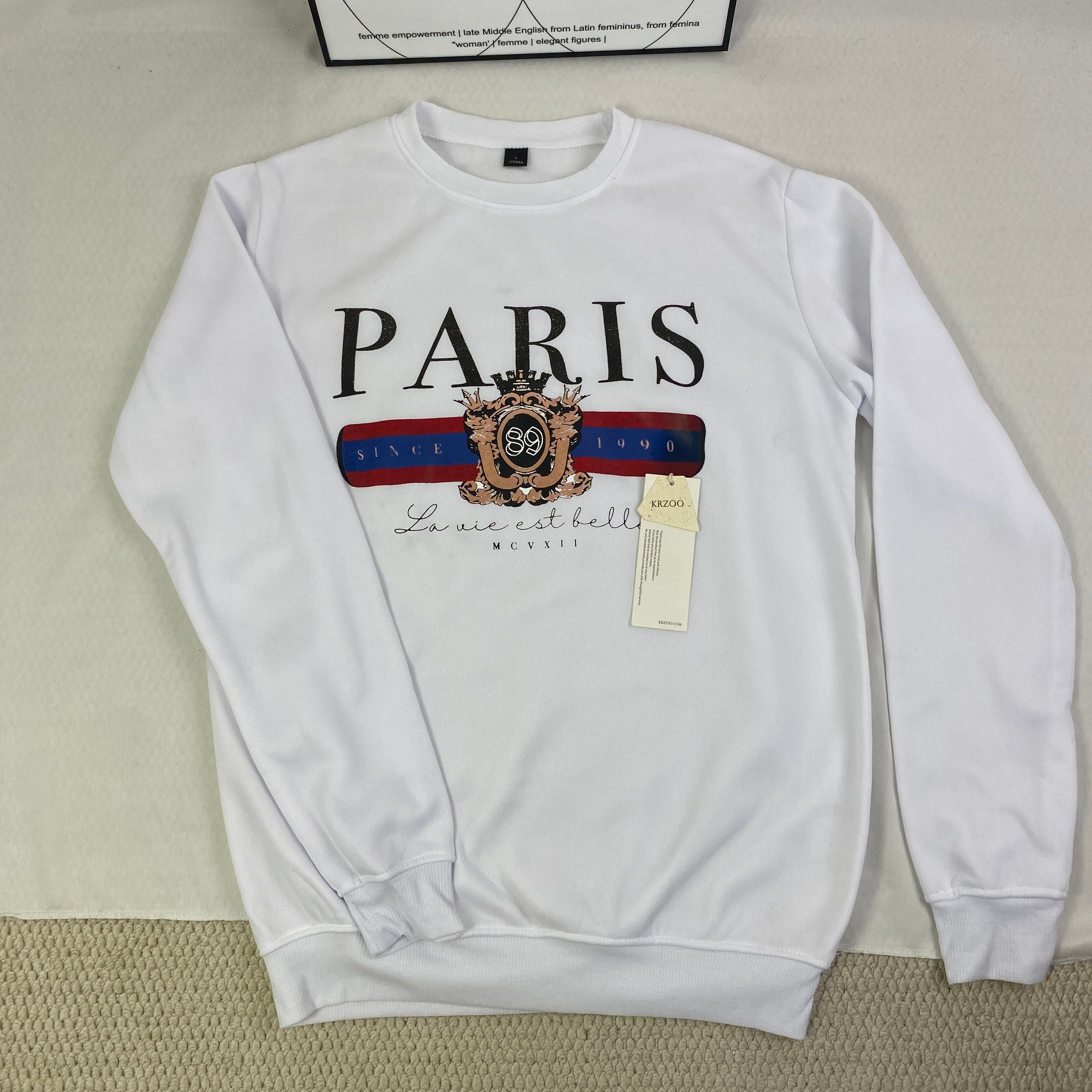 Round-neck long-sleeve printed fleece top