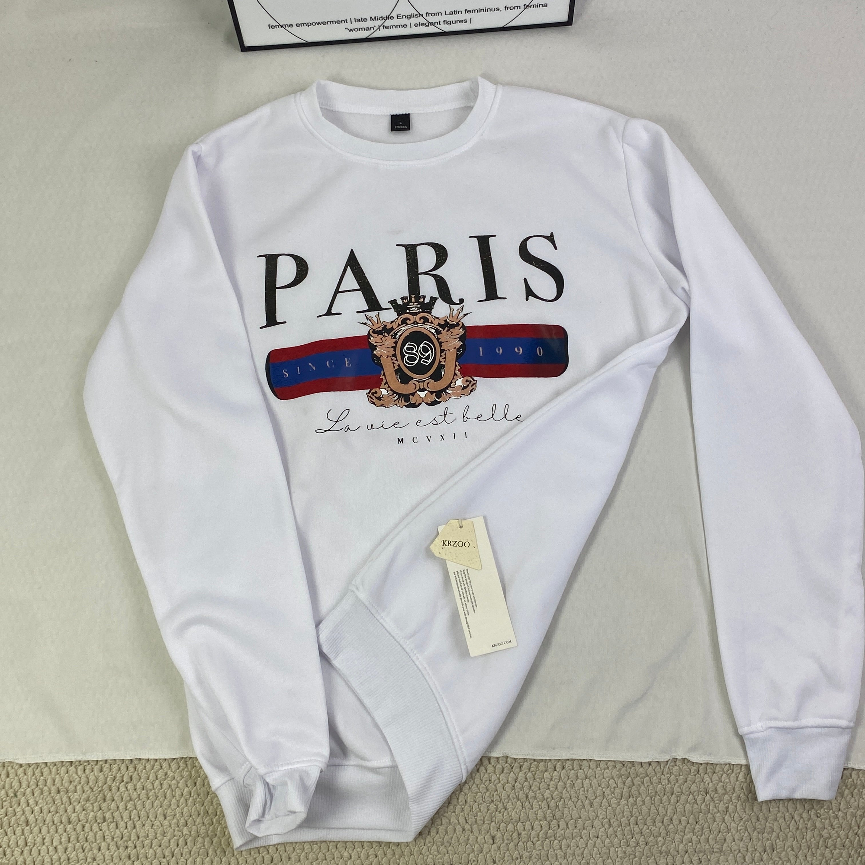Round-neck long-sleeve printed fleece top