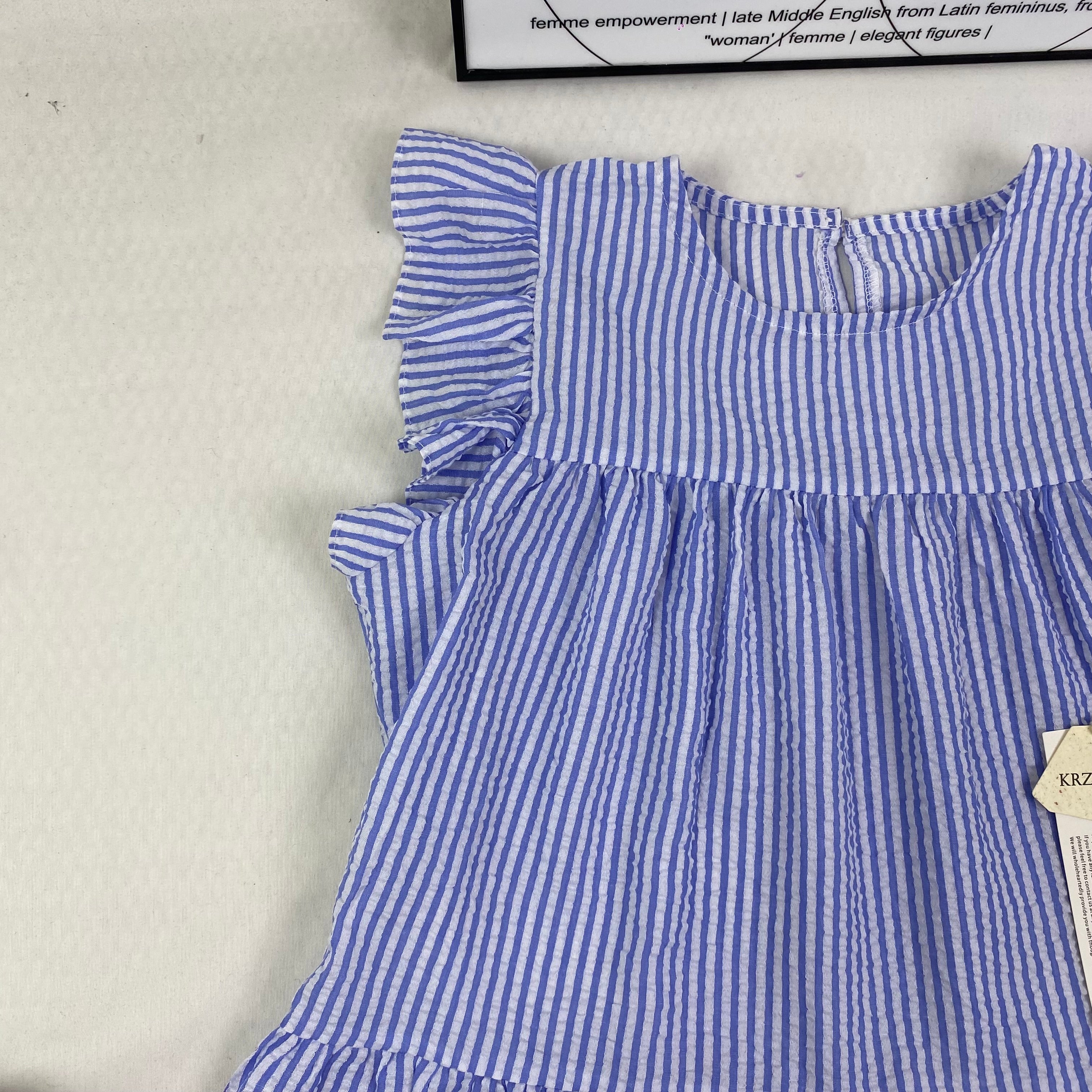 Blue and white thin striped sleeveless shirt