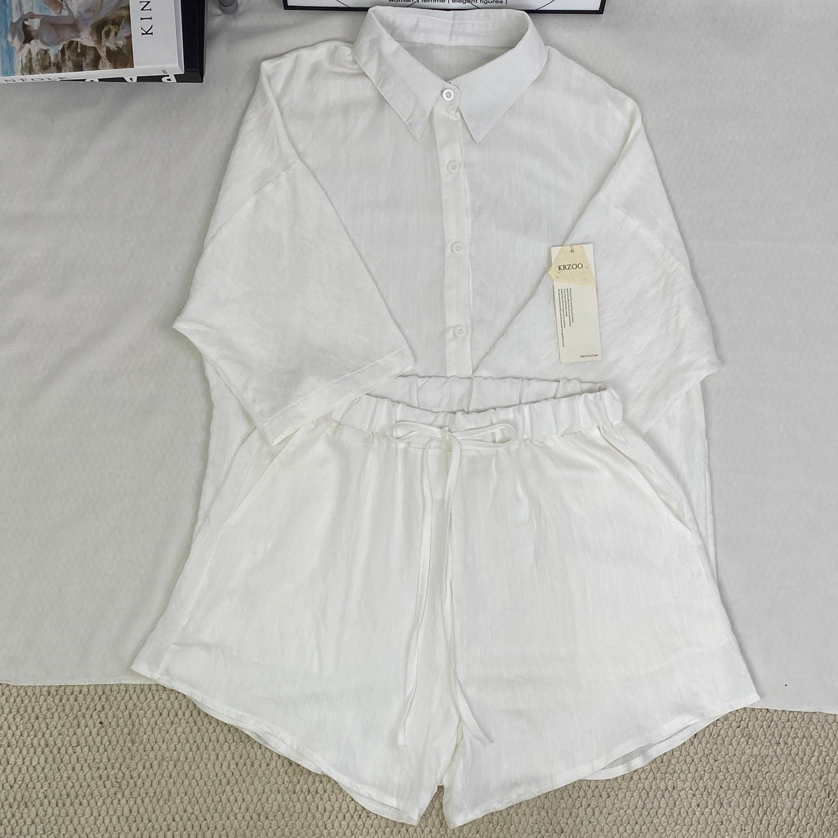 White linen shirt and silk linen shorts set