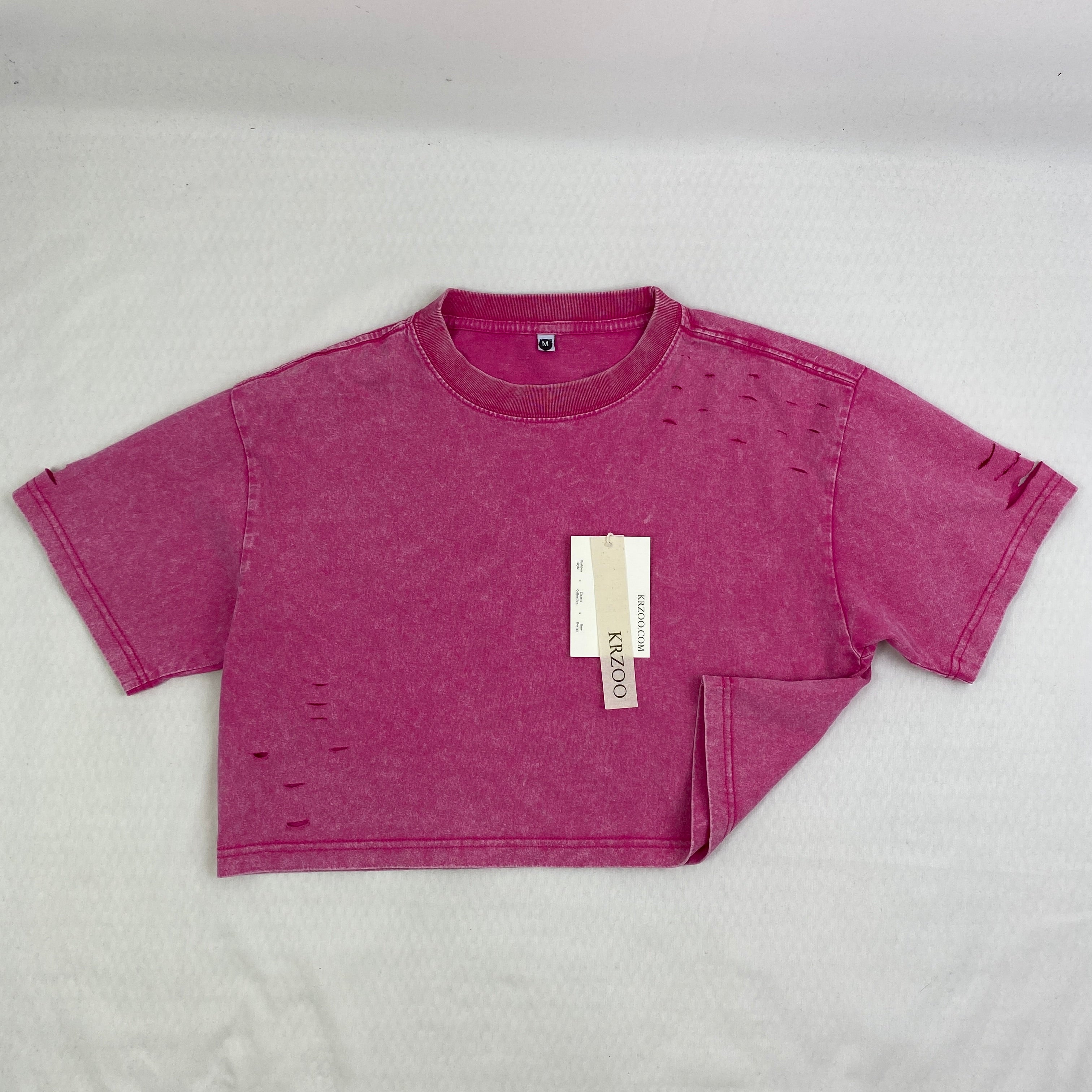 Washed and distressed cotton short-sleeved t-shirt