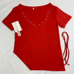 V-neck collar-belt T-shirt top