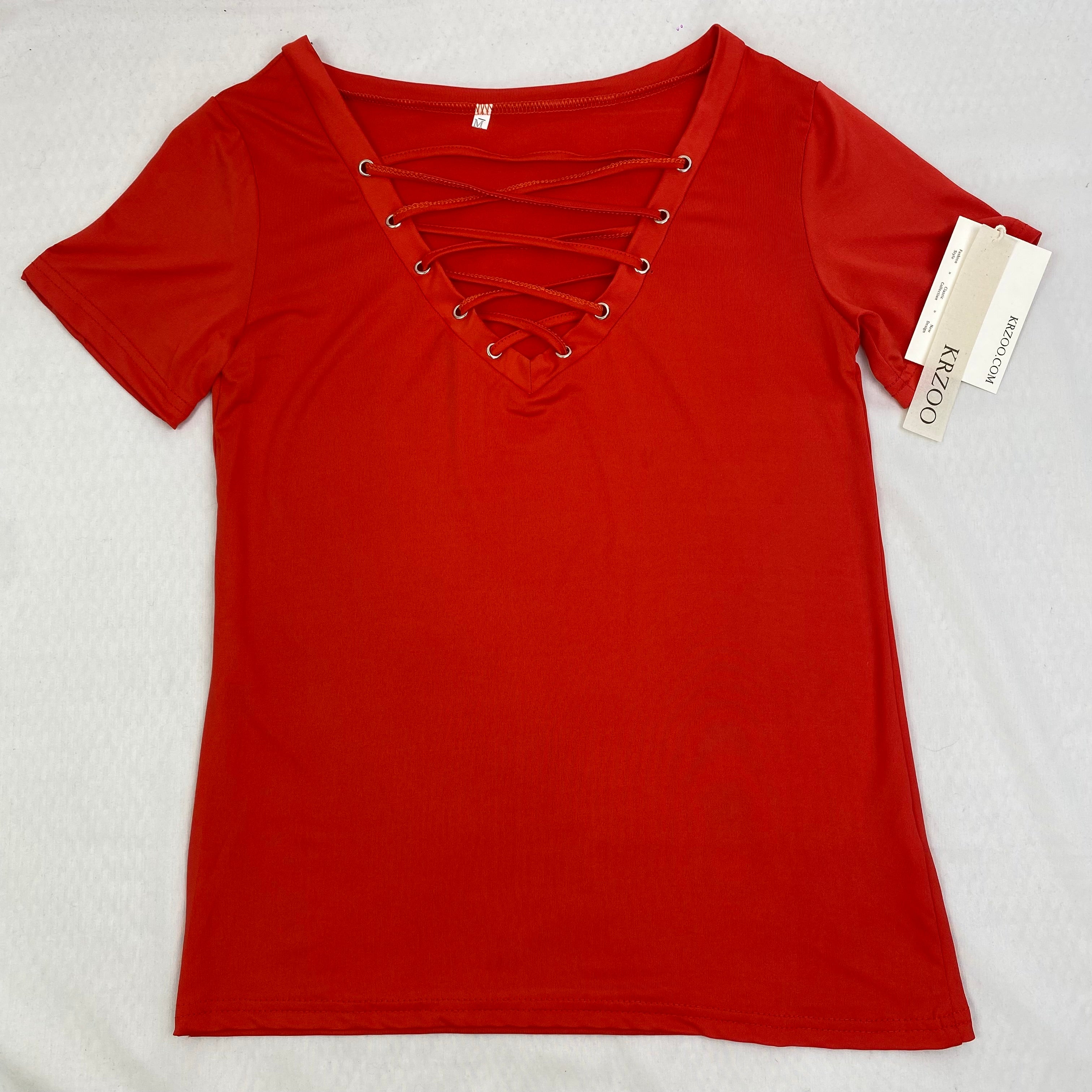 V-neck collar-belt T-shirt top