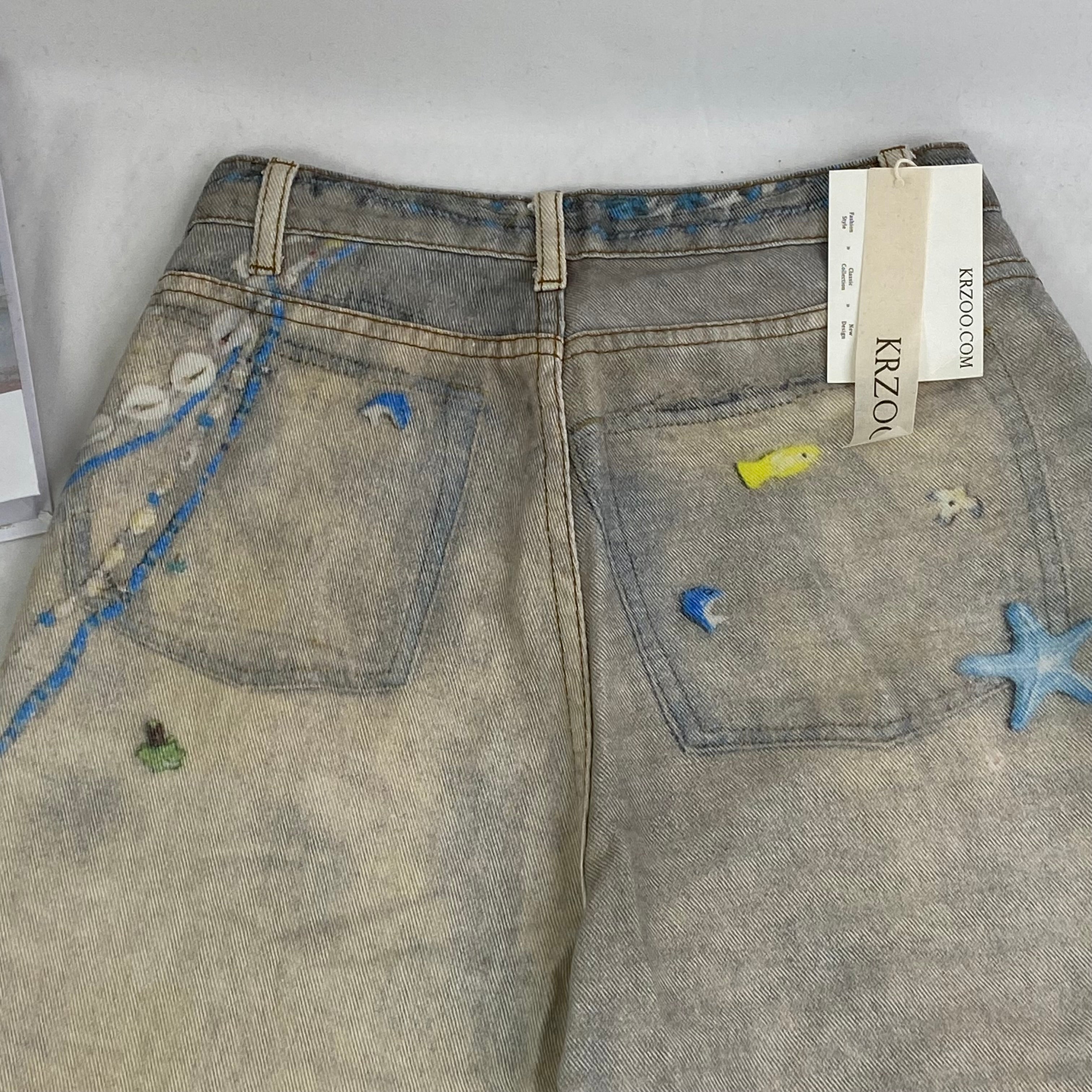 3D Printed Straight Wash Denim Pants