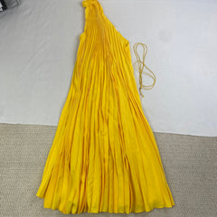 Pleated V-neck wide skirt with straps and pure color