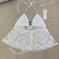 Ruffled lace circular necked top with hollow design
