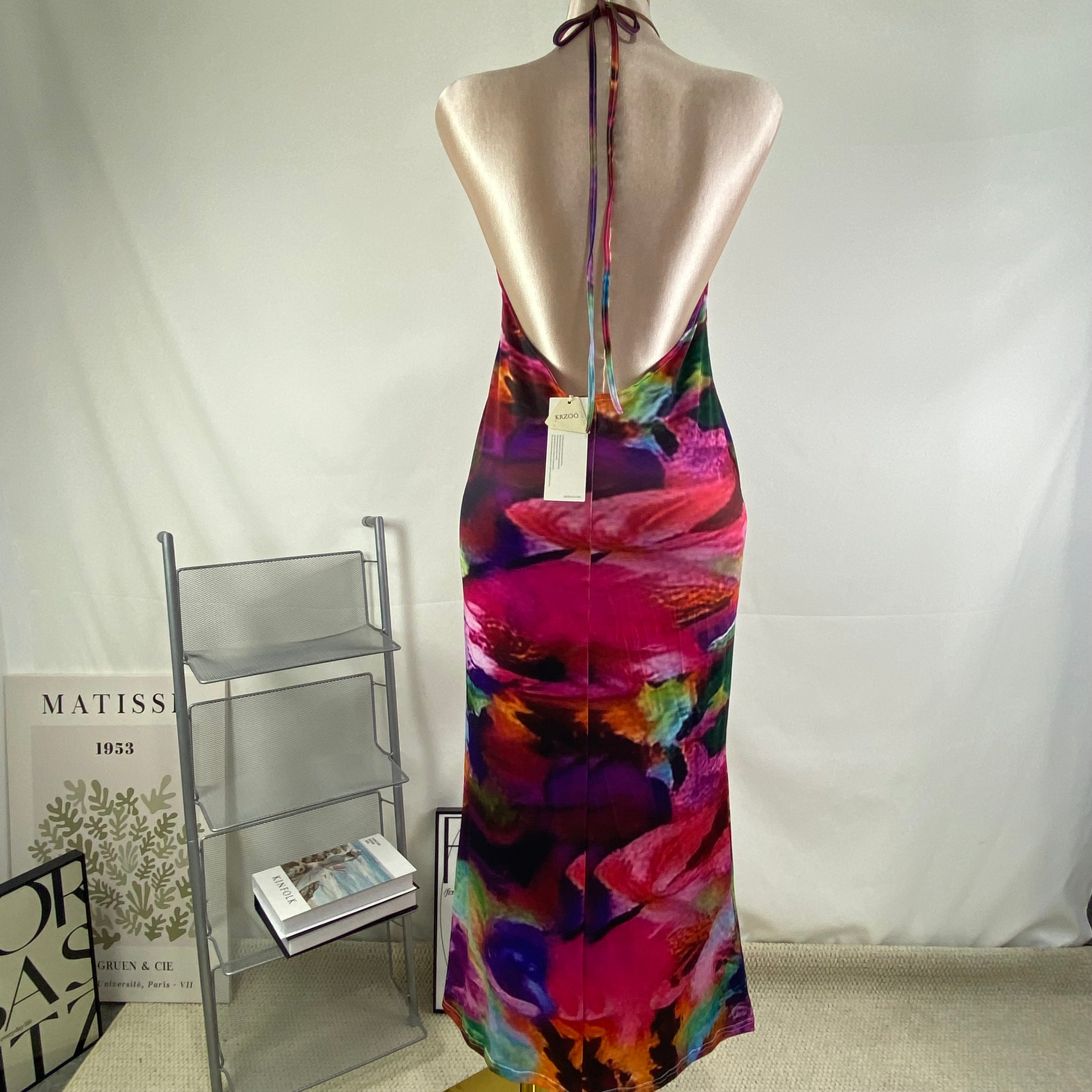 Hip-hung backless sheer neckline dress