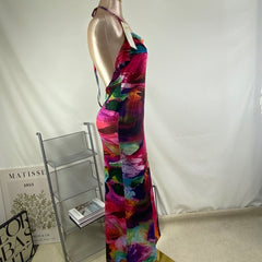 Hip-hung backless sheer neckline dress