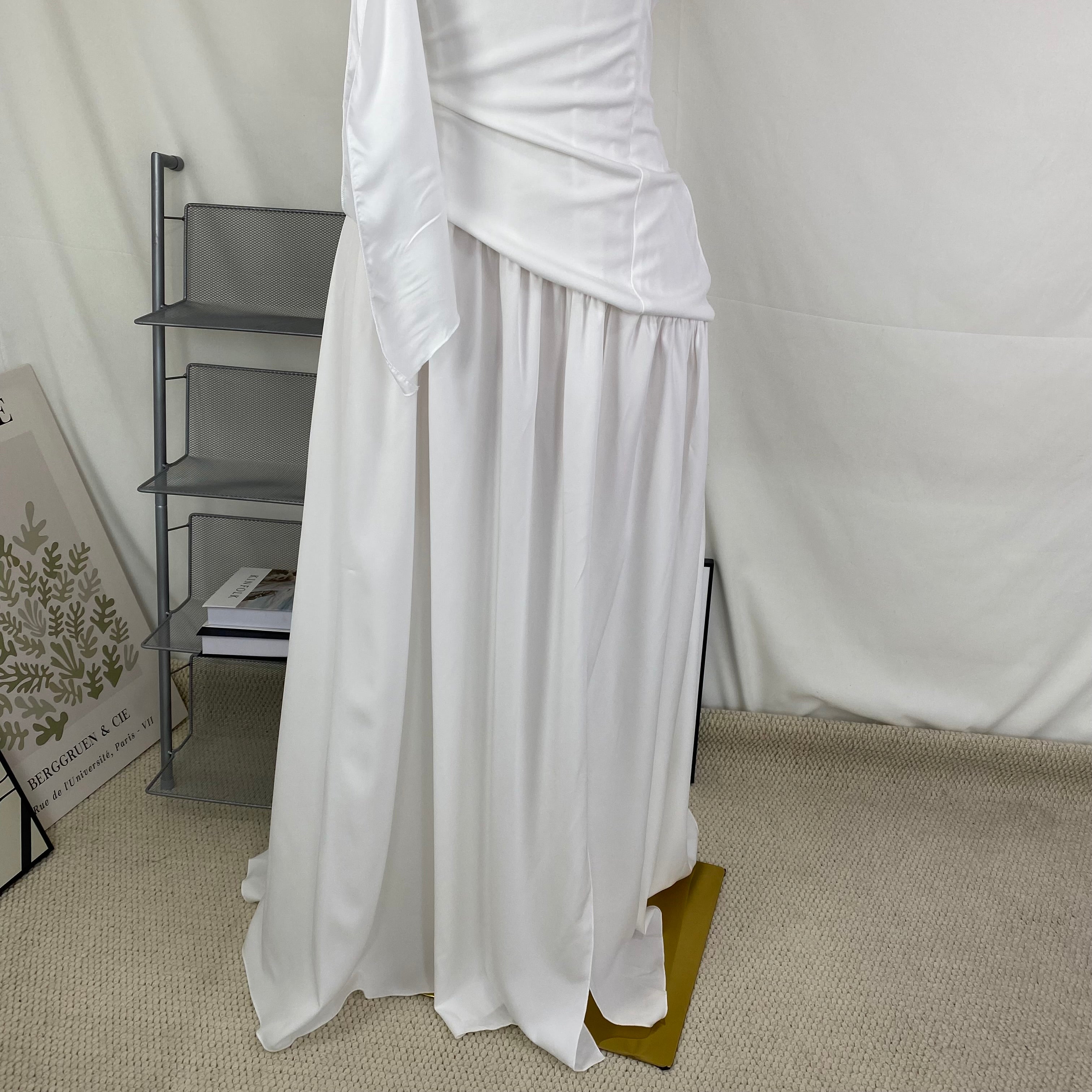 Belted irregular plunging dress with frill trim