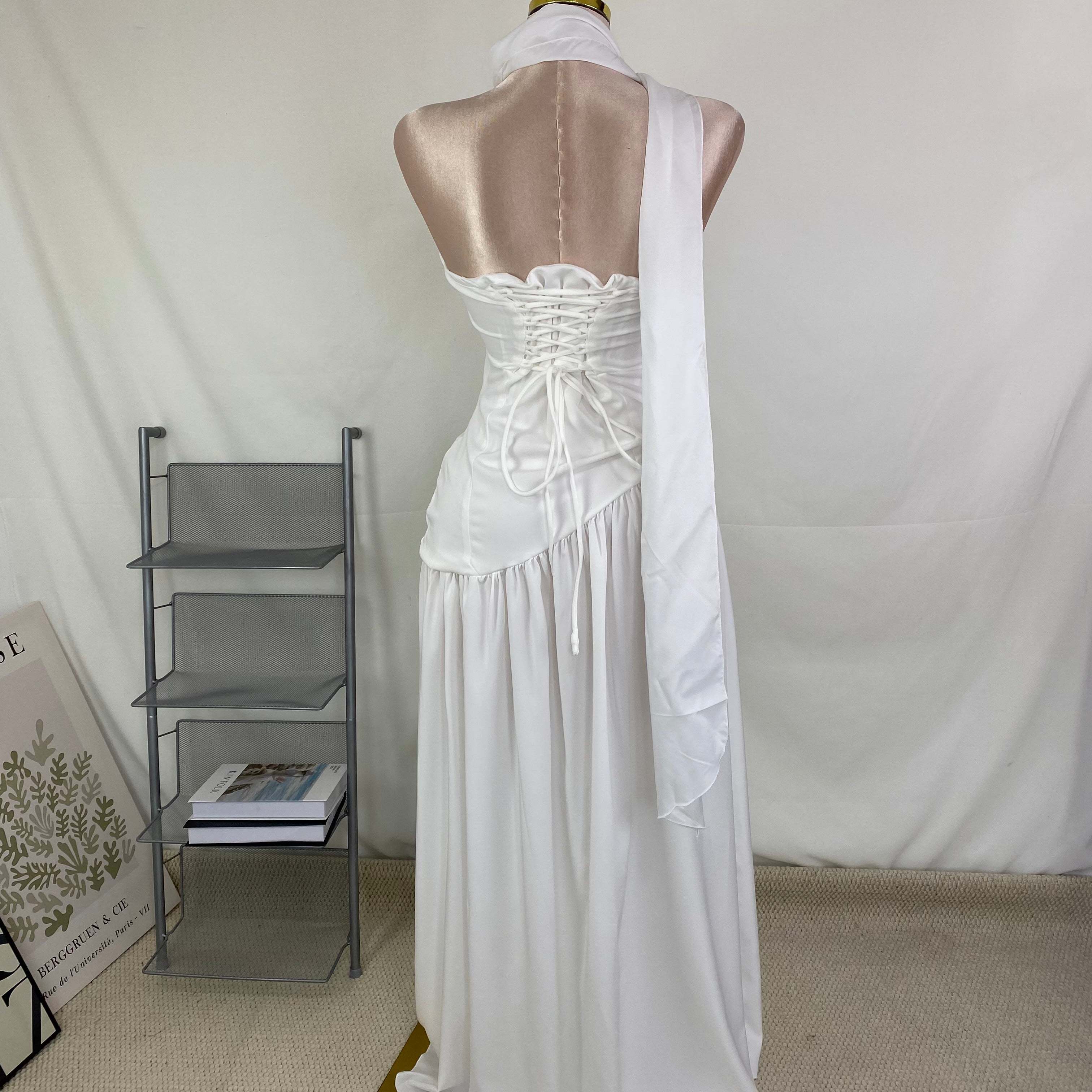 Belted irregular plunging dress with frill trim