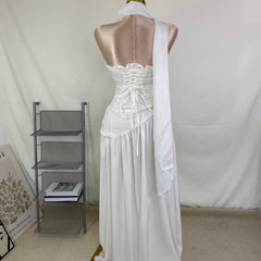 Belted irregular plunging dress with frill trim