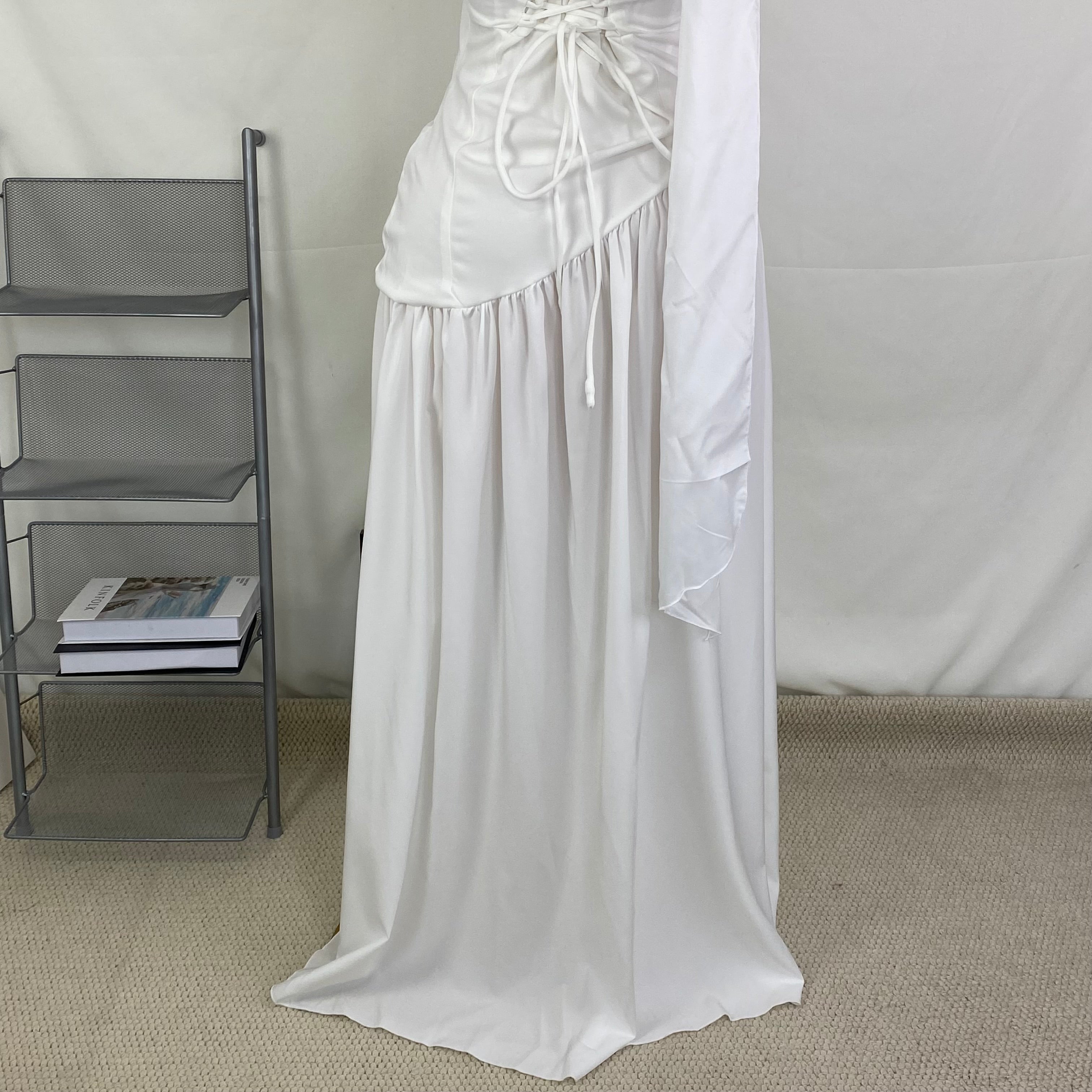 Belted irregular plunging dress with frill trim