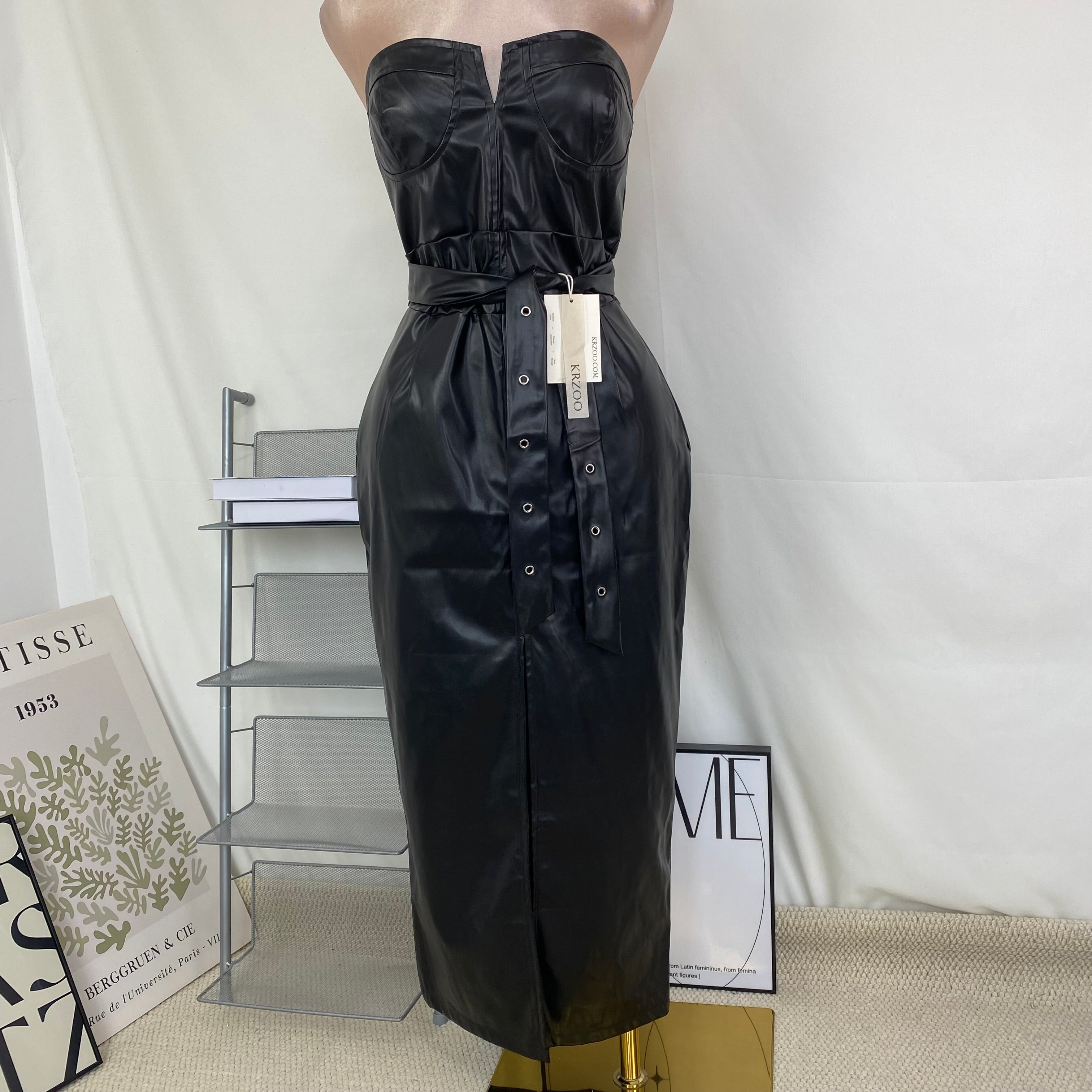 Strapless tight-fitting slit PU studded dress