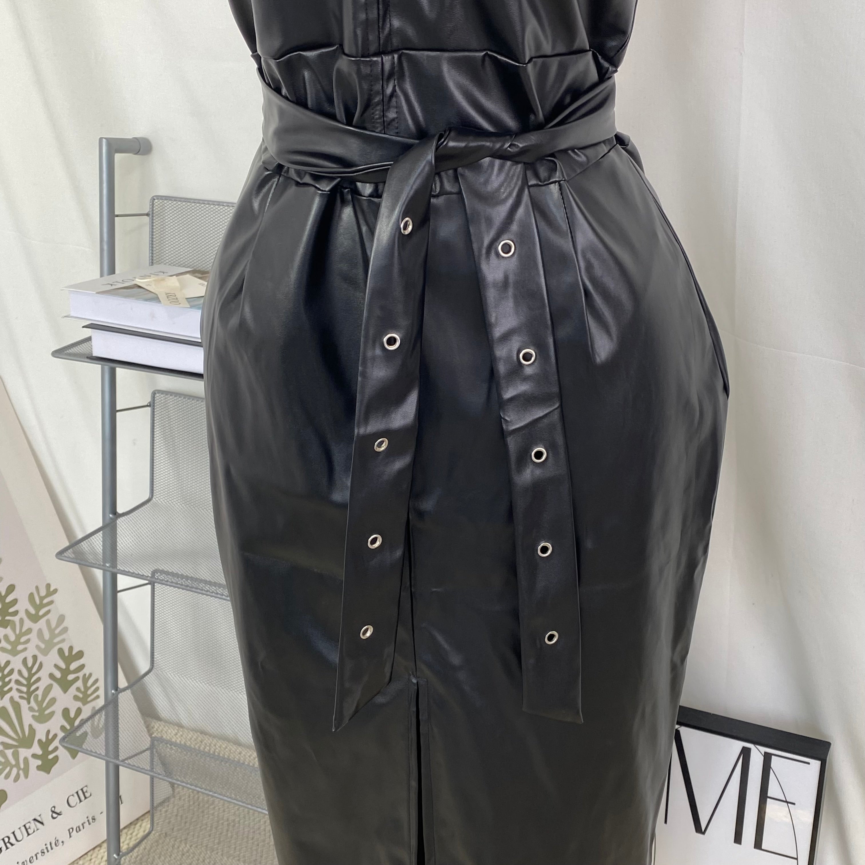 Strapless tight-fitting slit PU studded dress