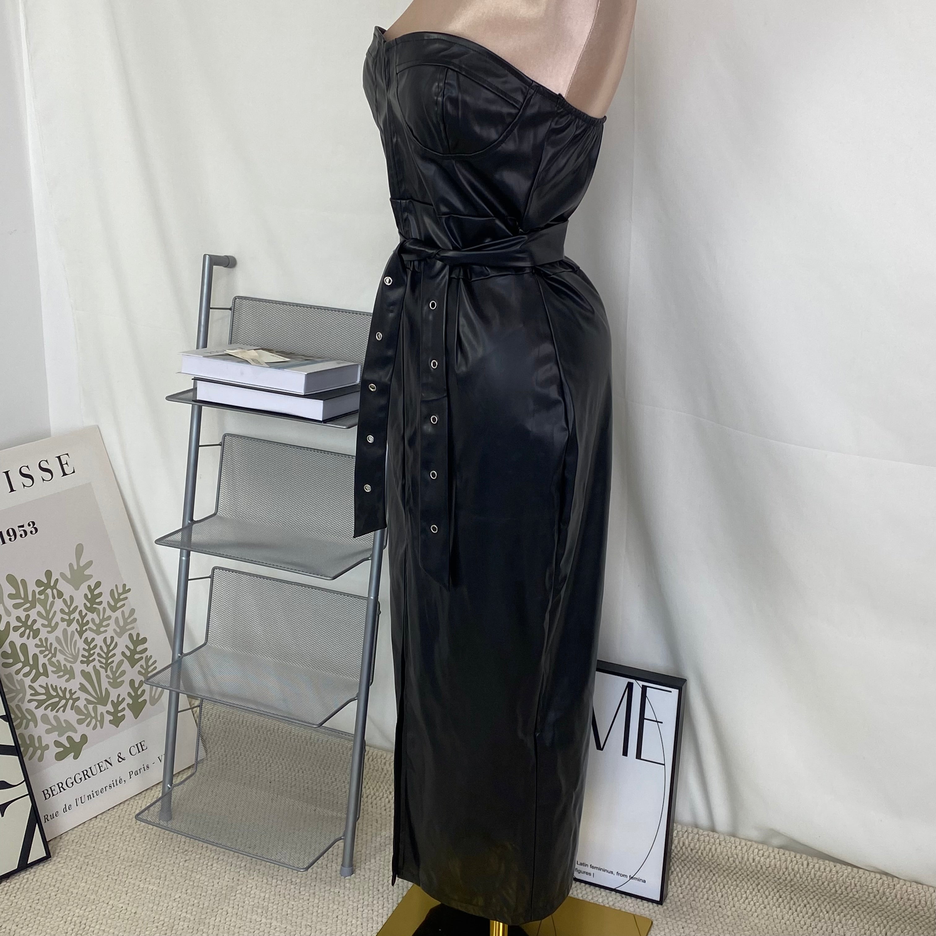 Strapless tight-fitting slit PU studded dress