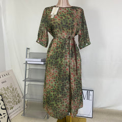 Round-neck flared sleeve leaf-patterned dress