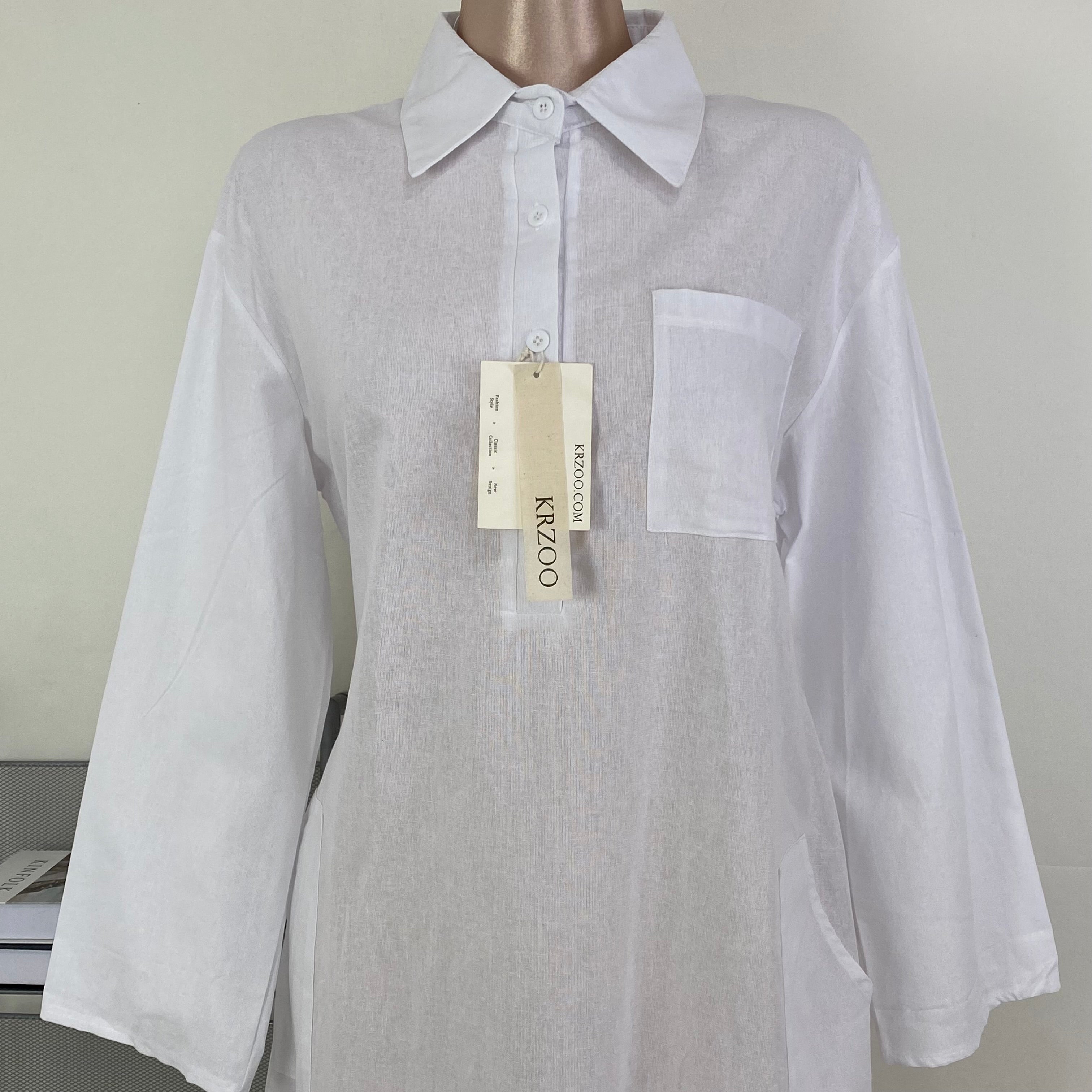 Linen stand-collar loose long blouse dress
