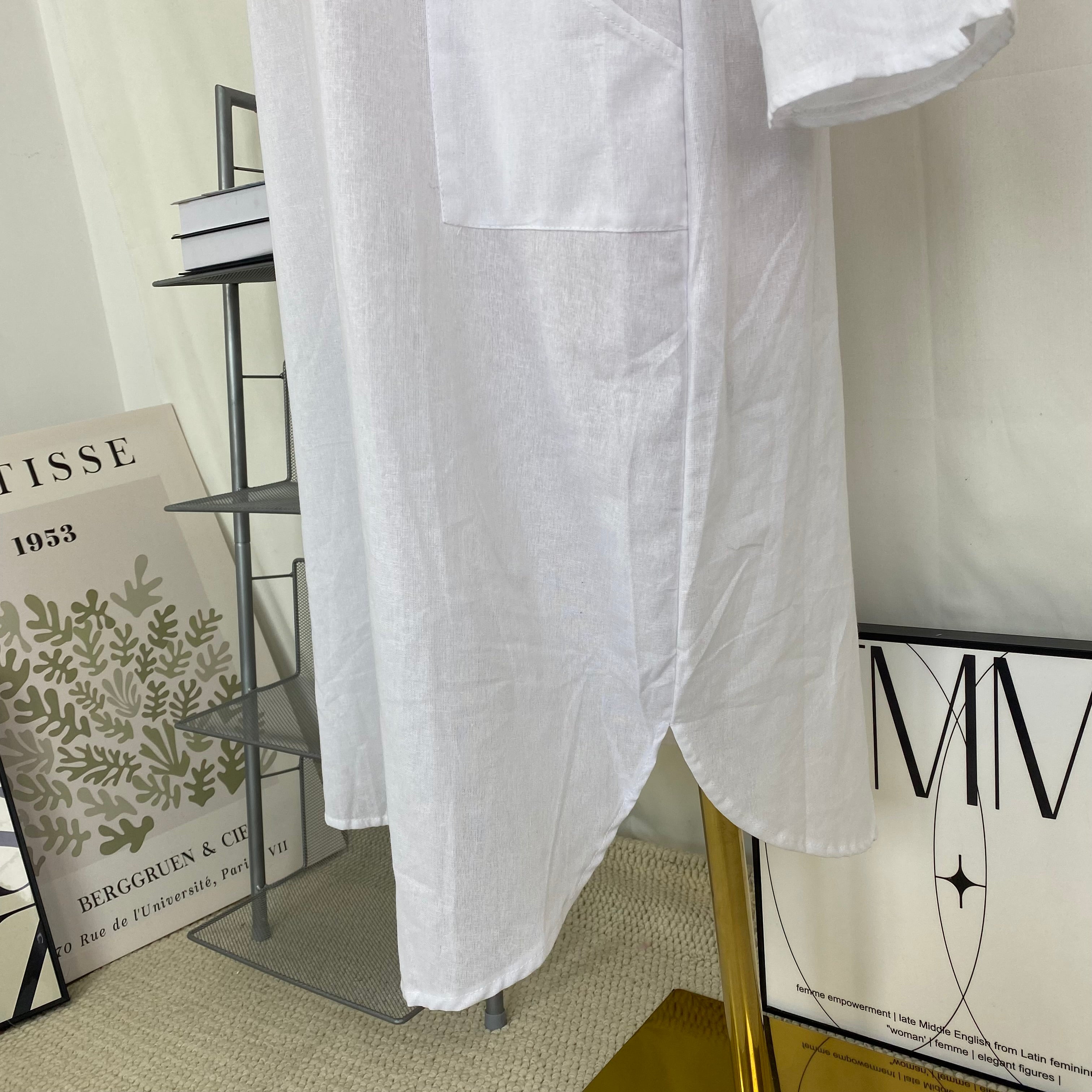 Linen stand-collar loose long blouse dress