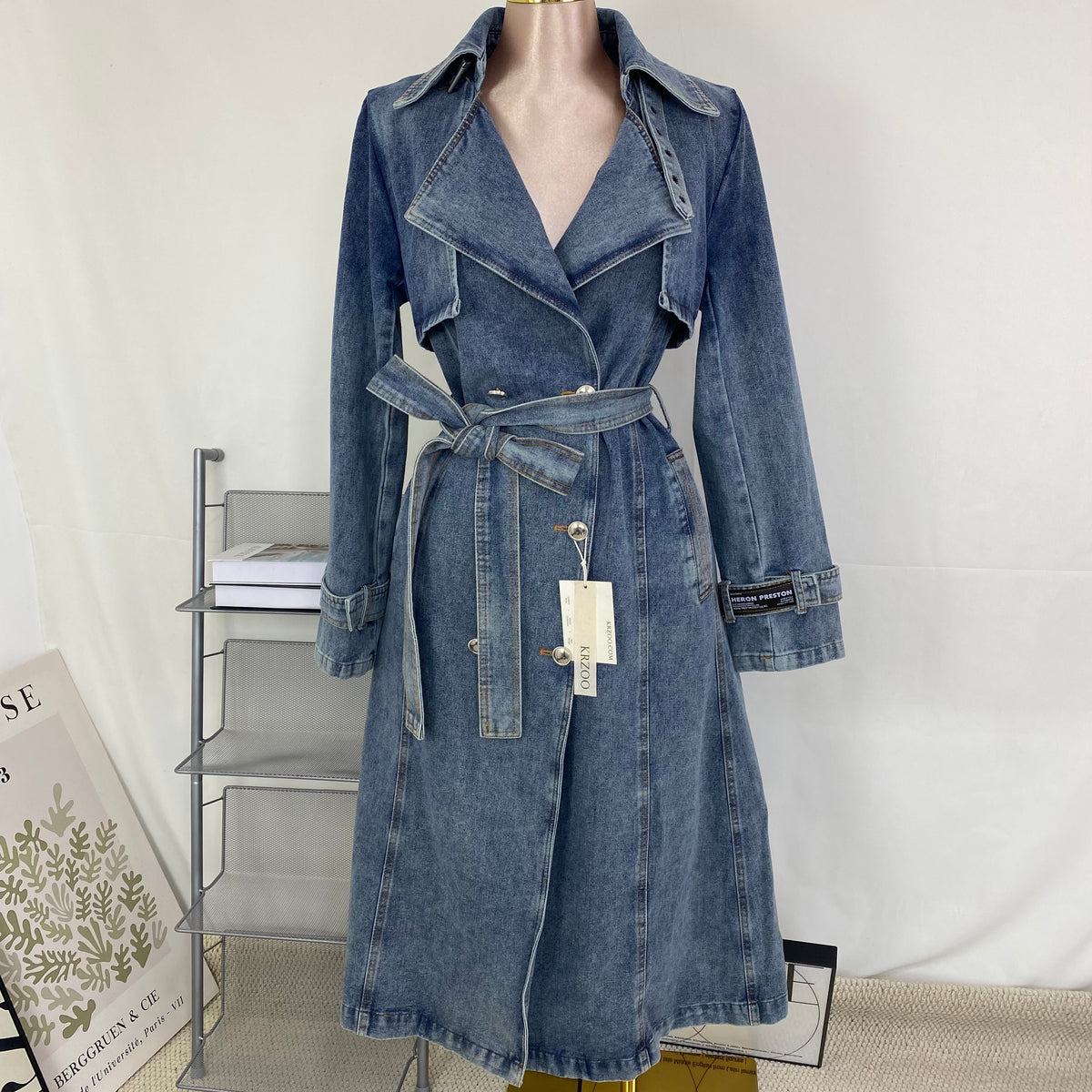 Long denim trench coat