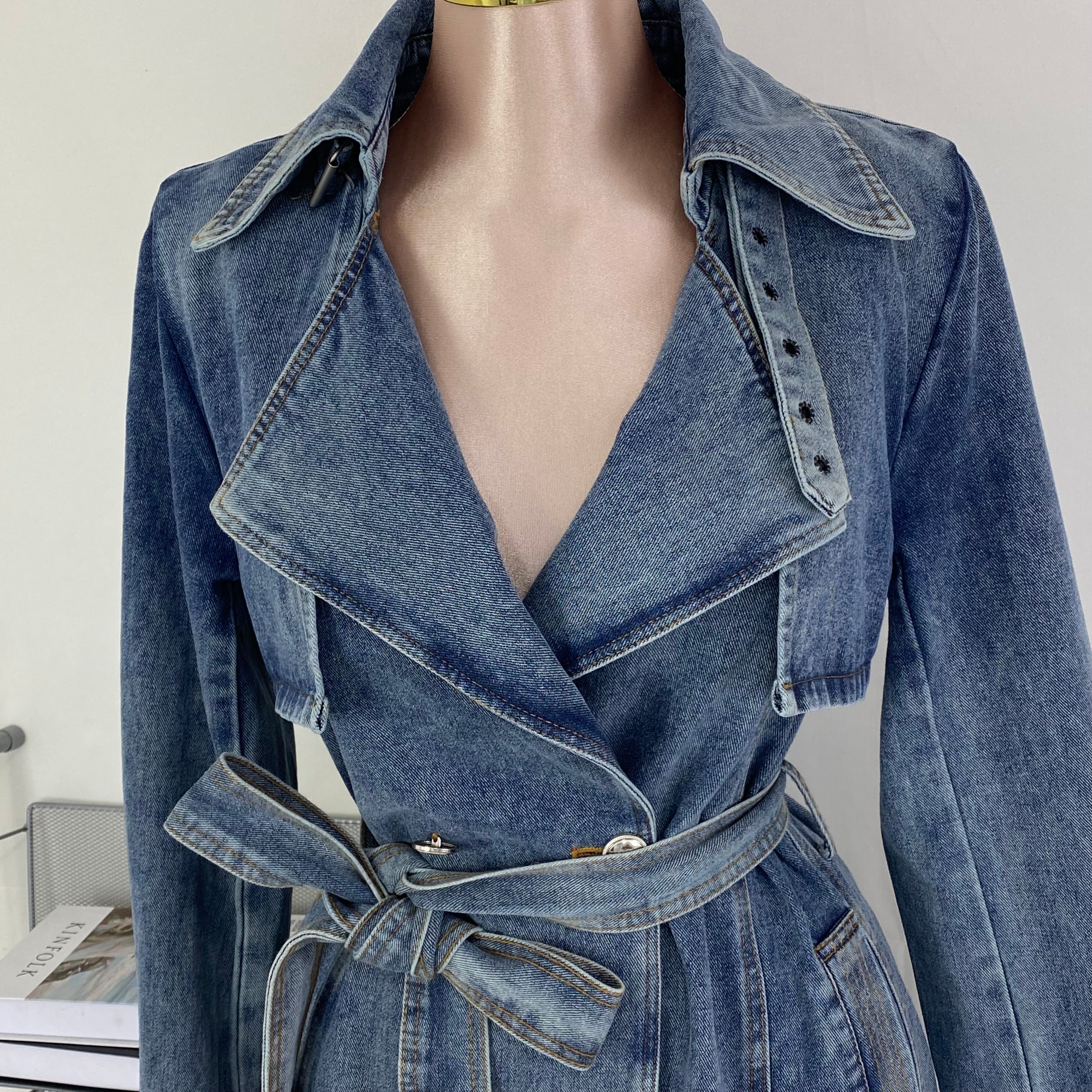 Long denim trench coat