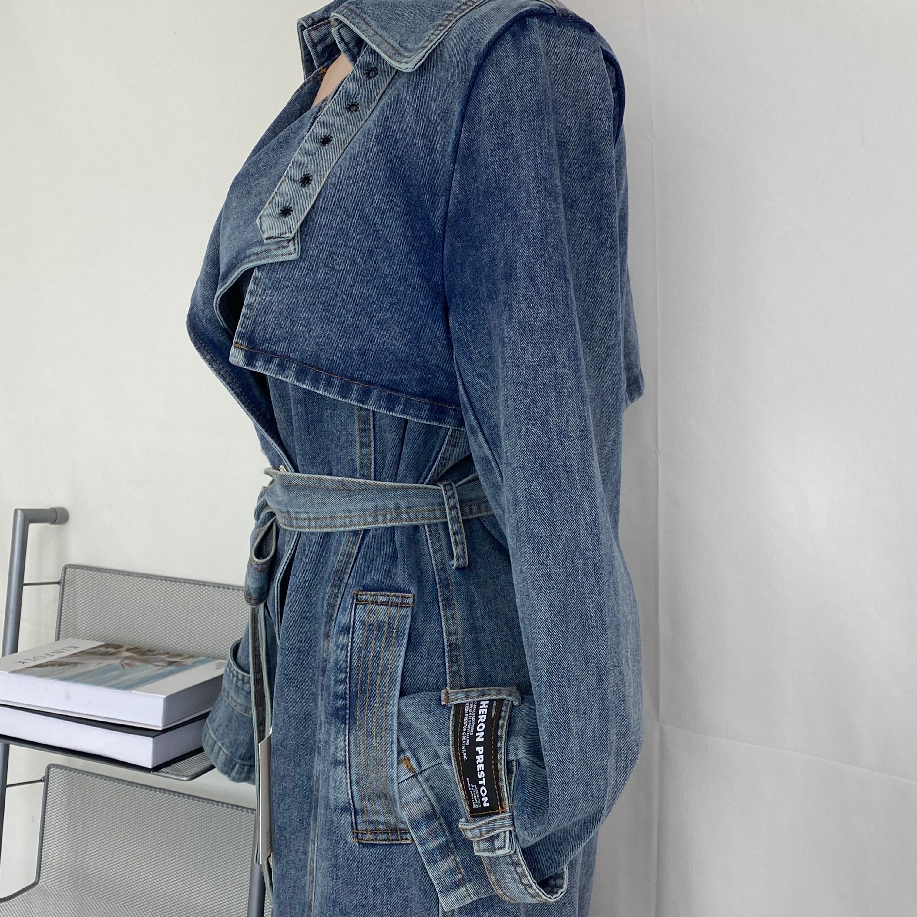 Long denim trench coat
