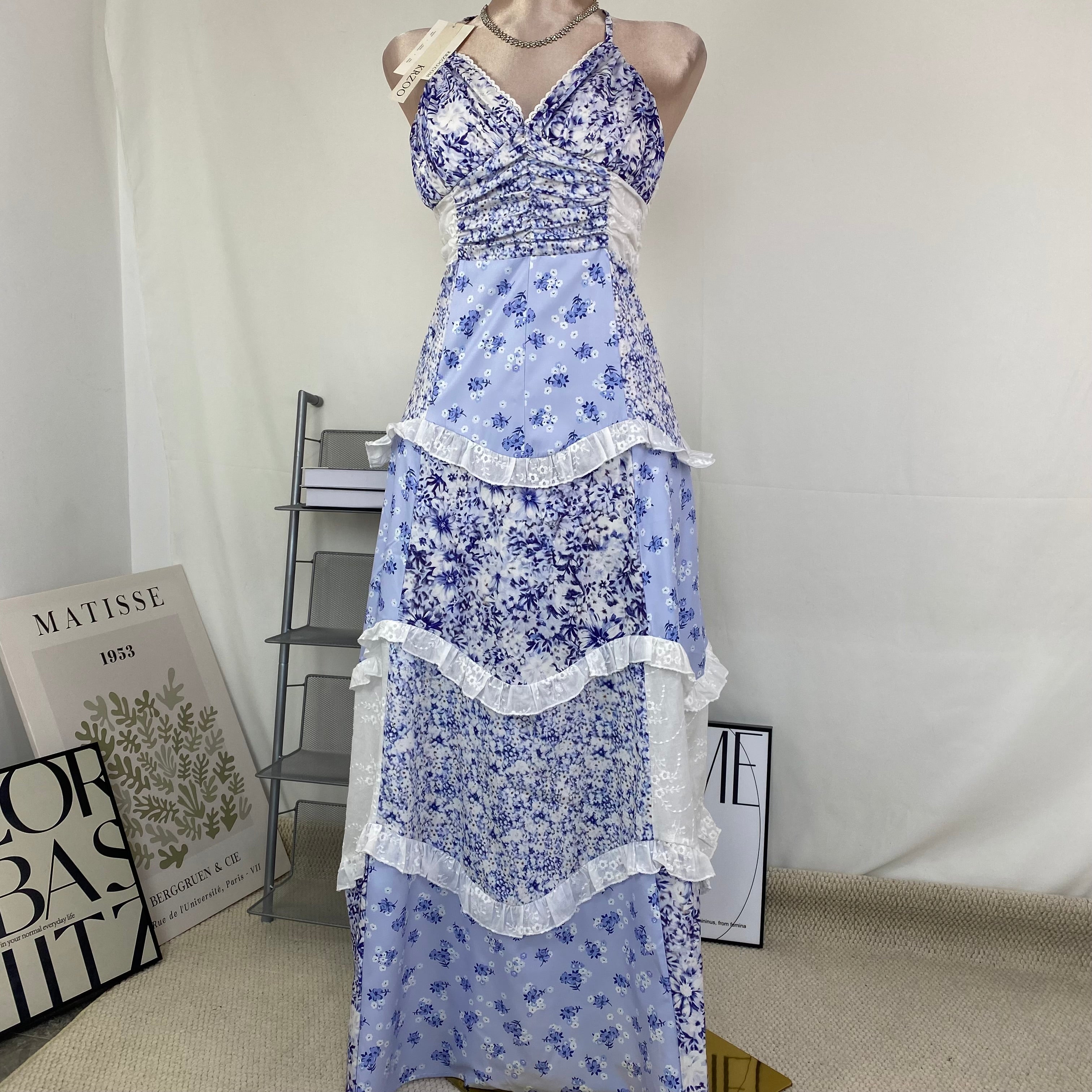 Lace patchwork design floral halter dress