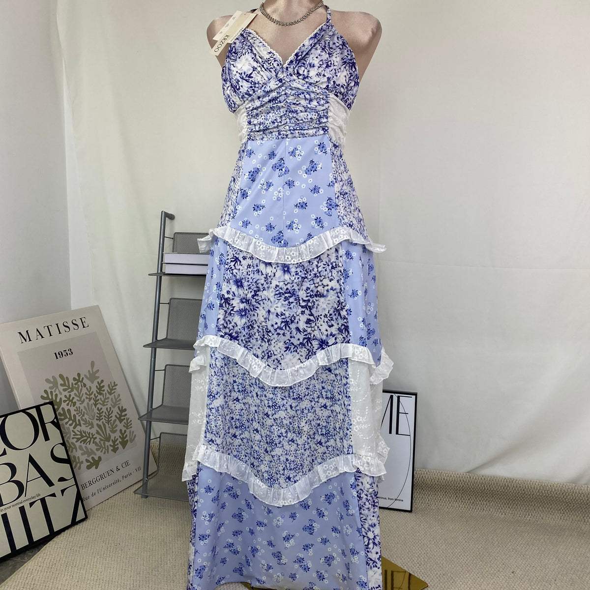 Lace patchwork design floral halter dress