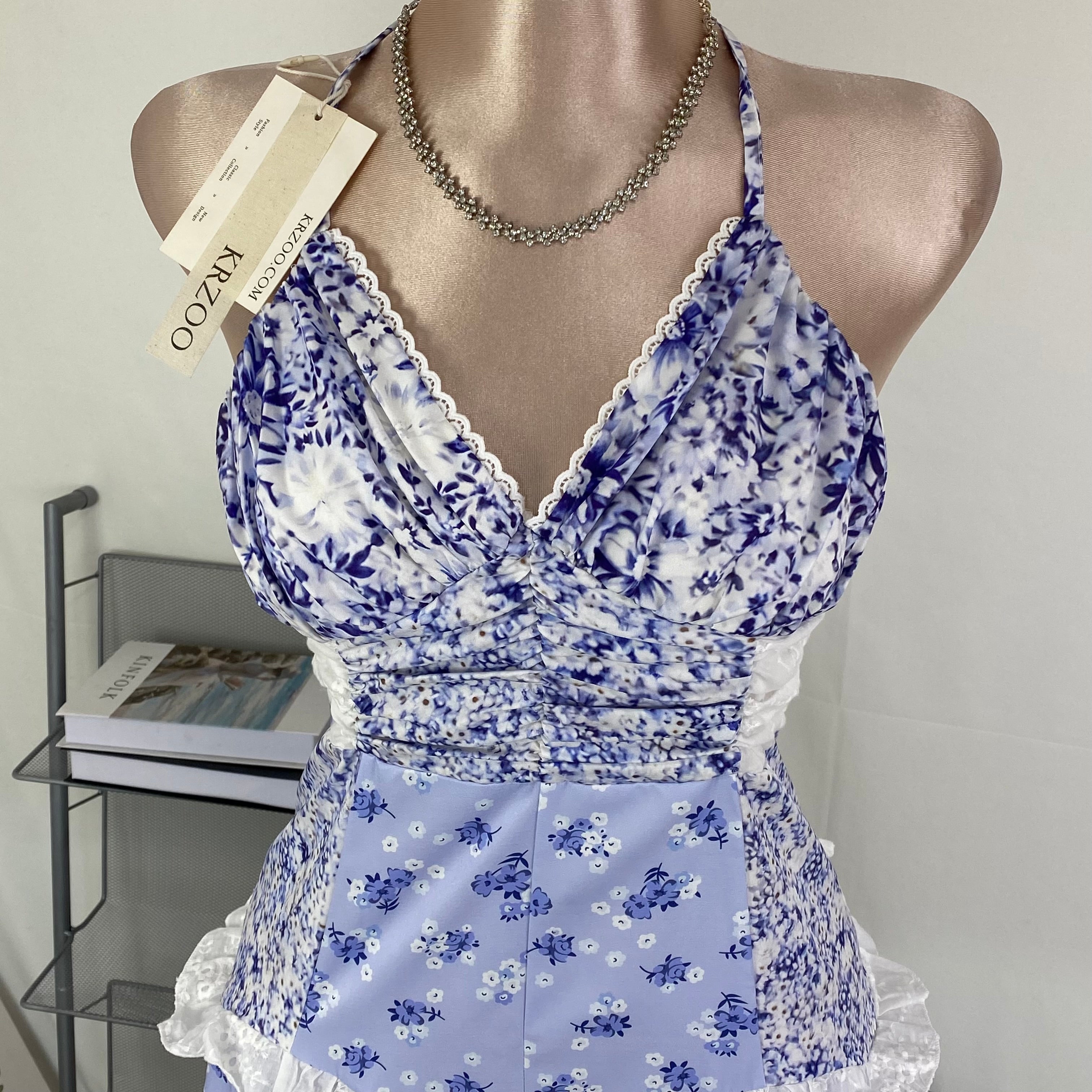 Lace patchwork design floral halter dress