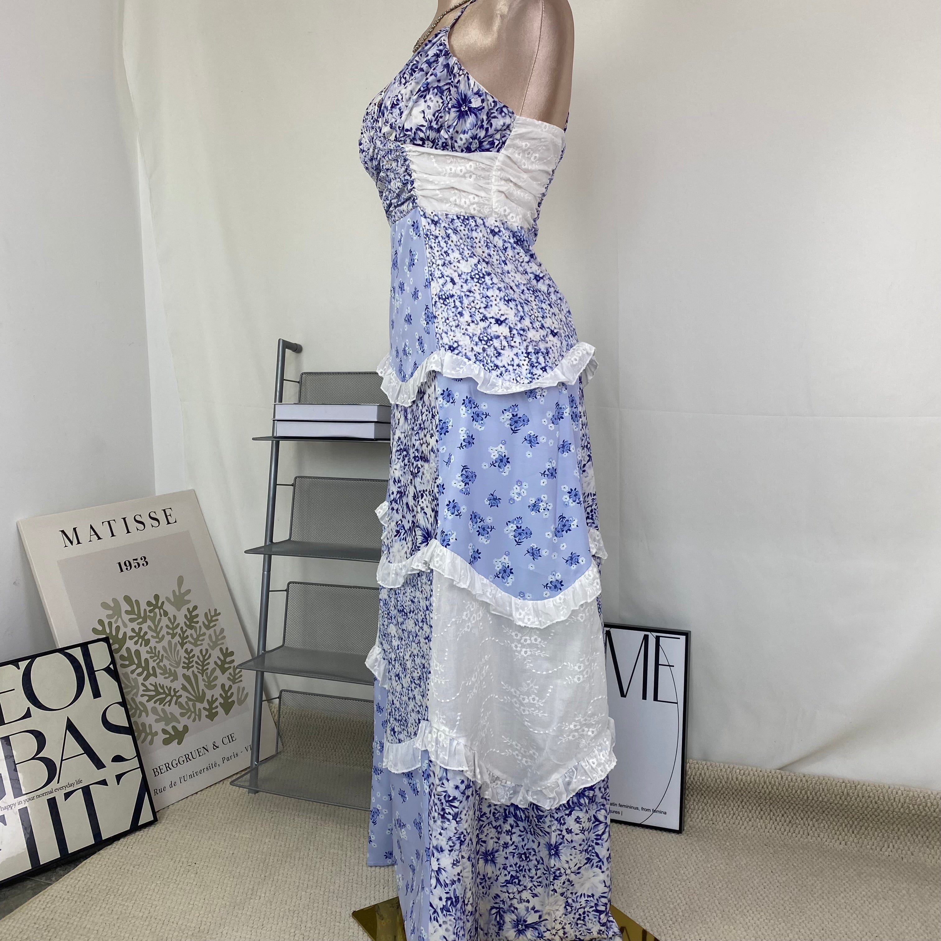 Lace patchwork design floral halter dress