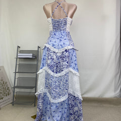 Lace patchwork design floral halter dress