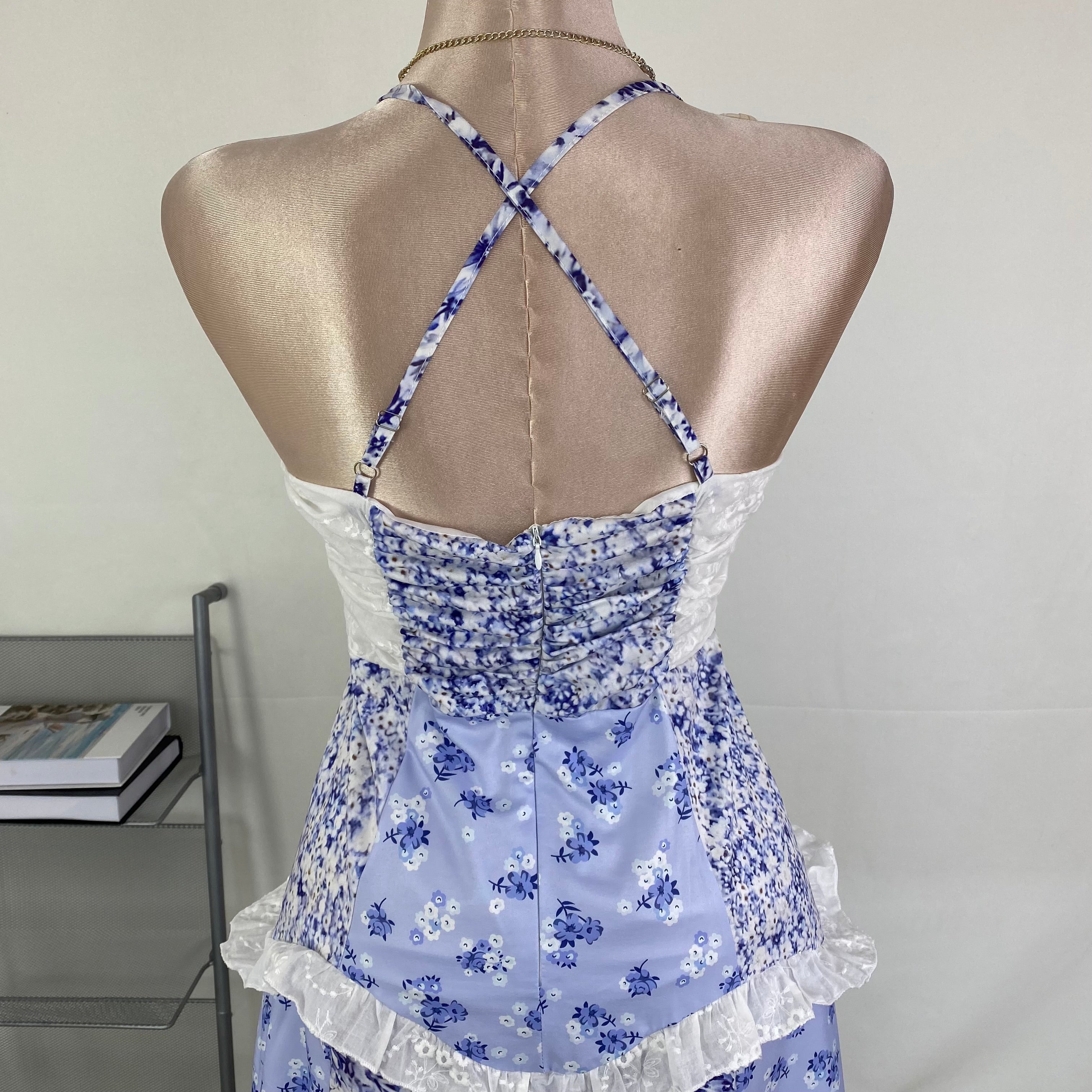 Lace patchwork design floral halter dress