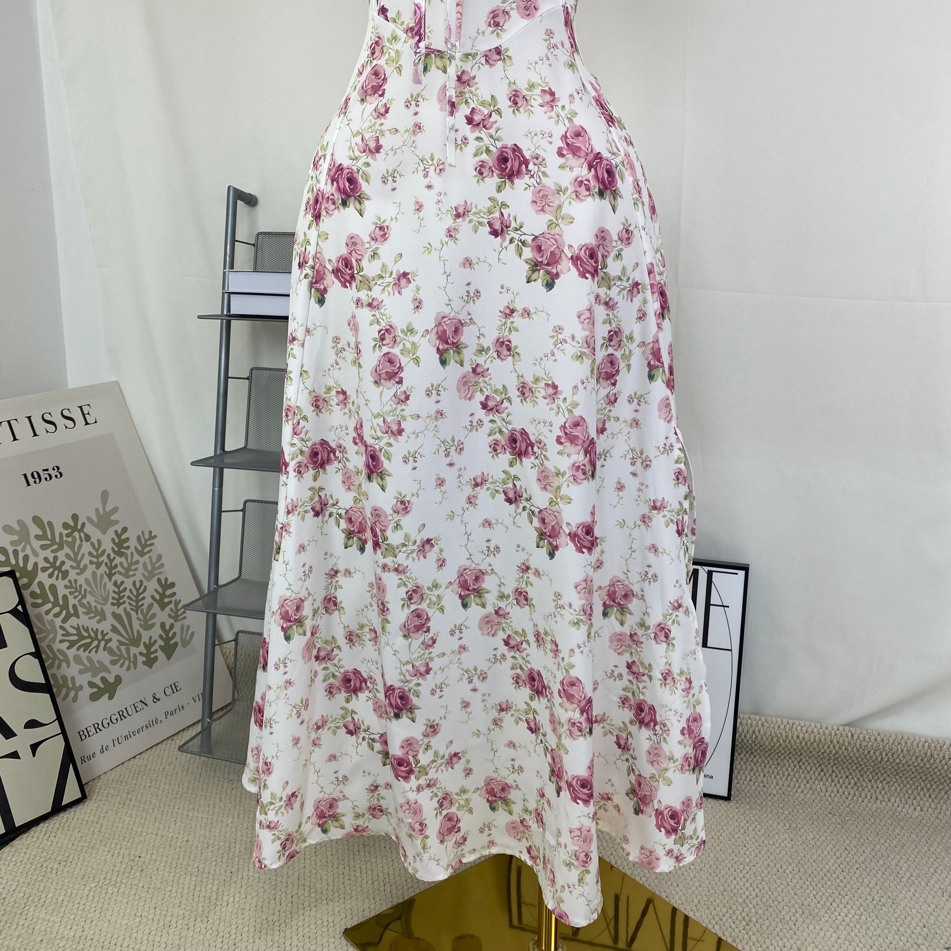Floral print halter top with wide skirt dress