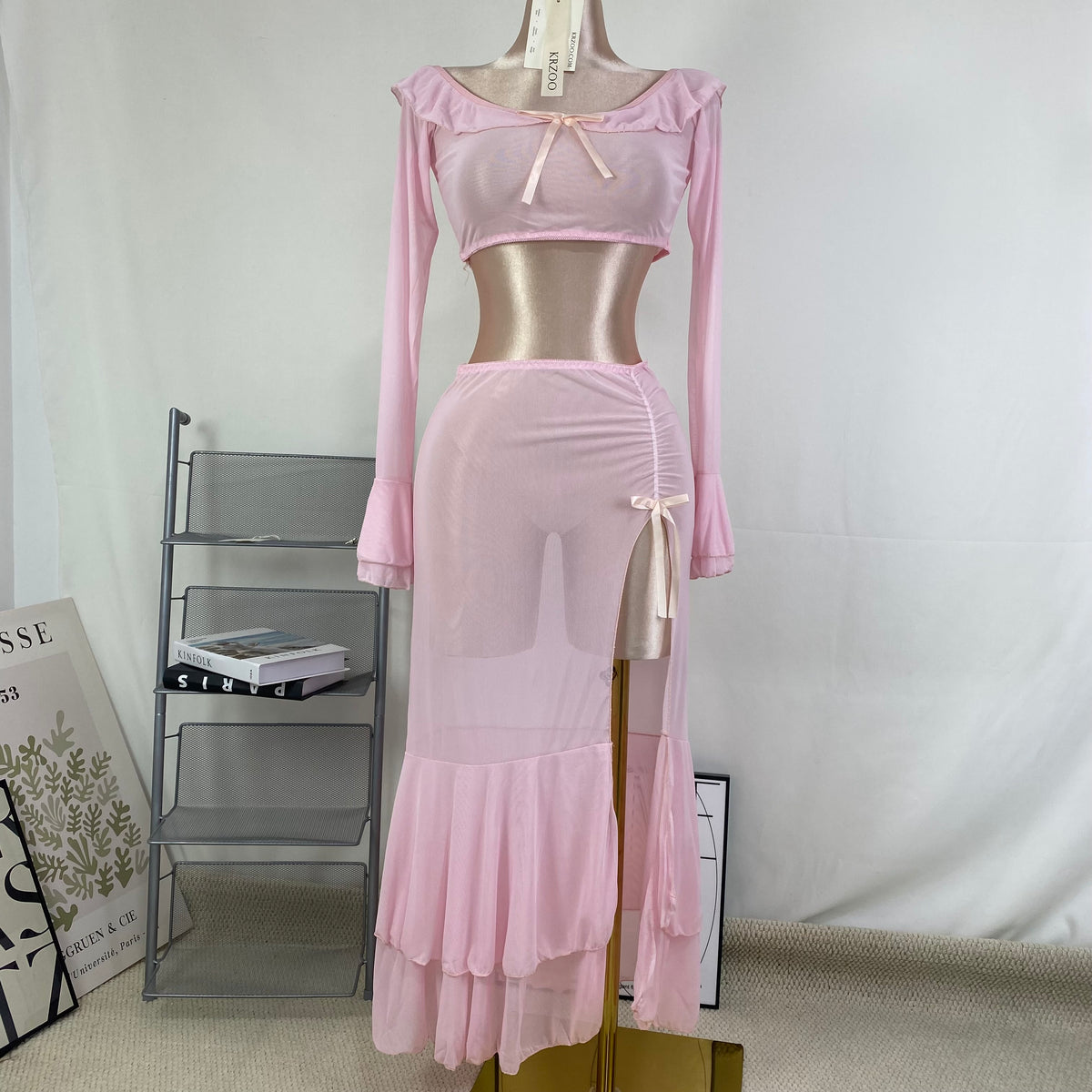 Net fabric high slit long dress set
