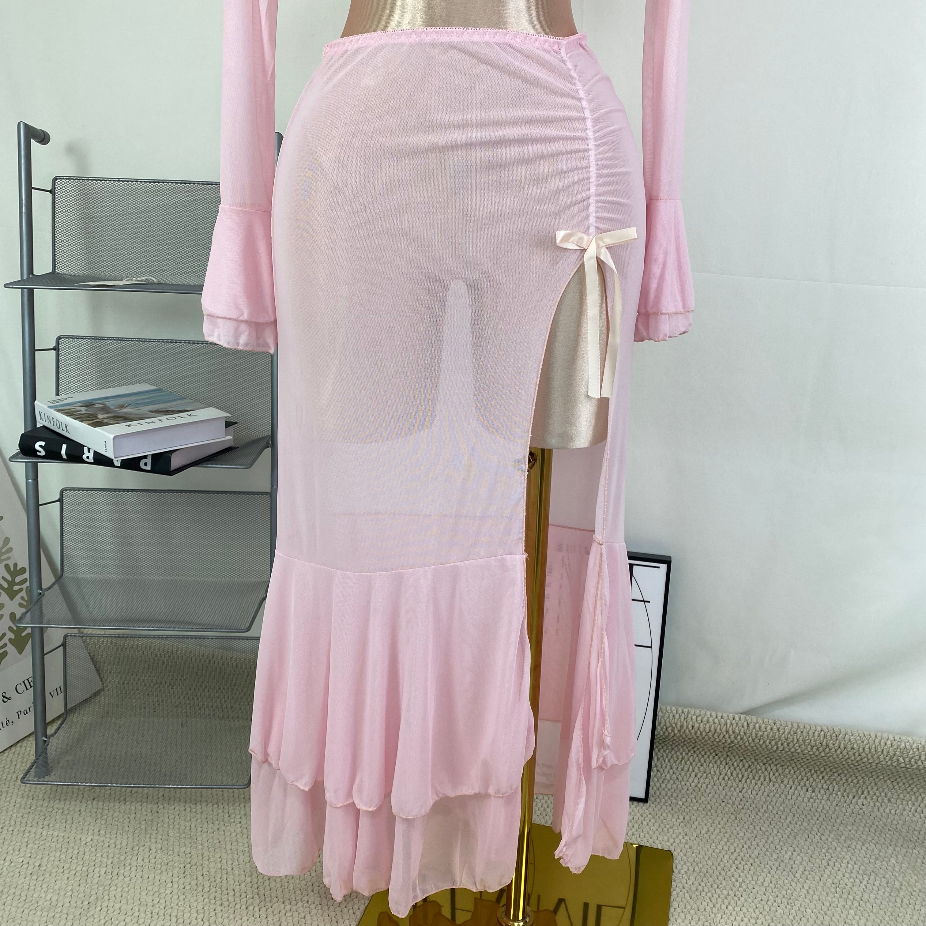 Net fabric high slit long dress set