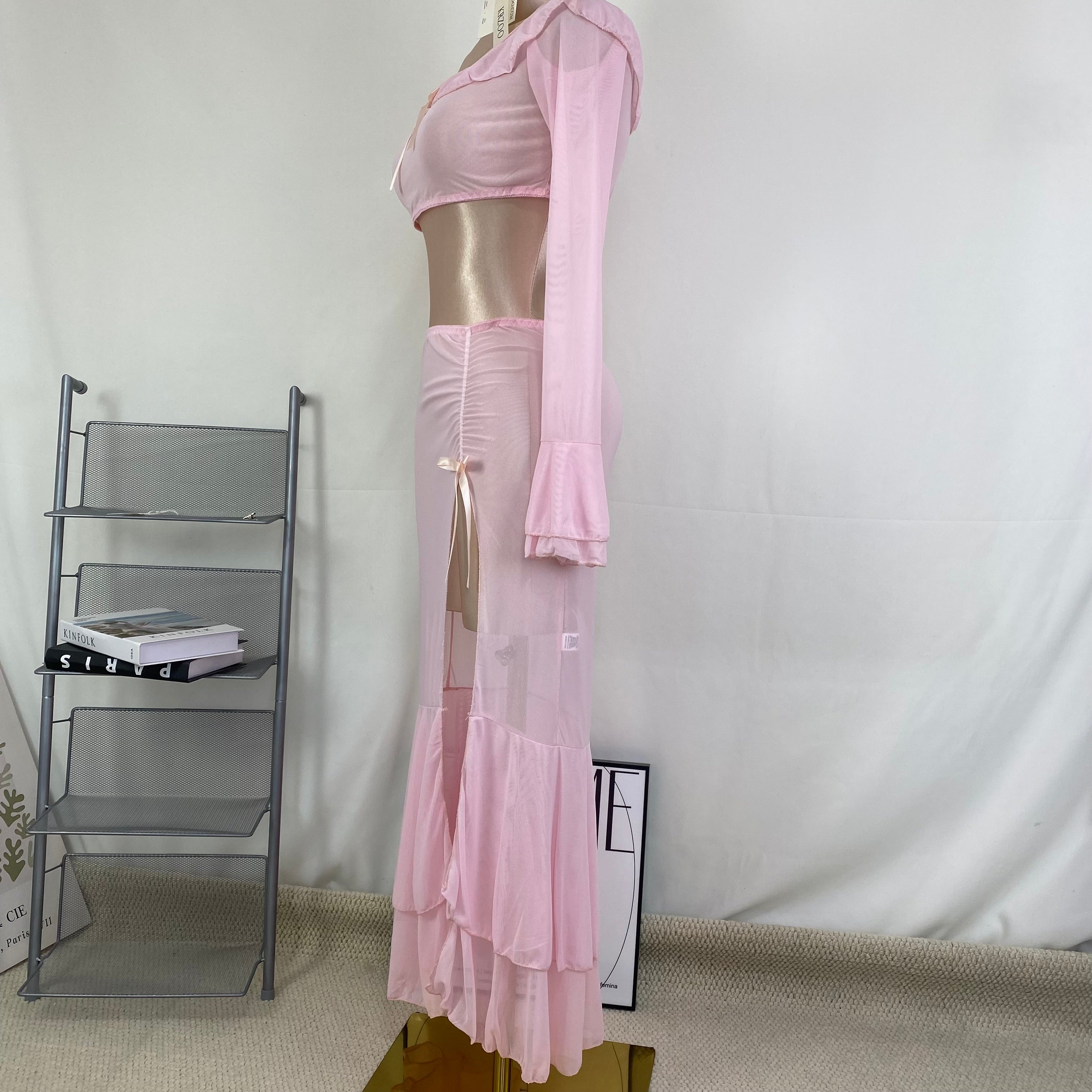 Net fabric high slit long dress set