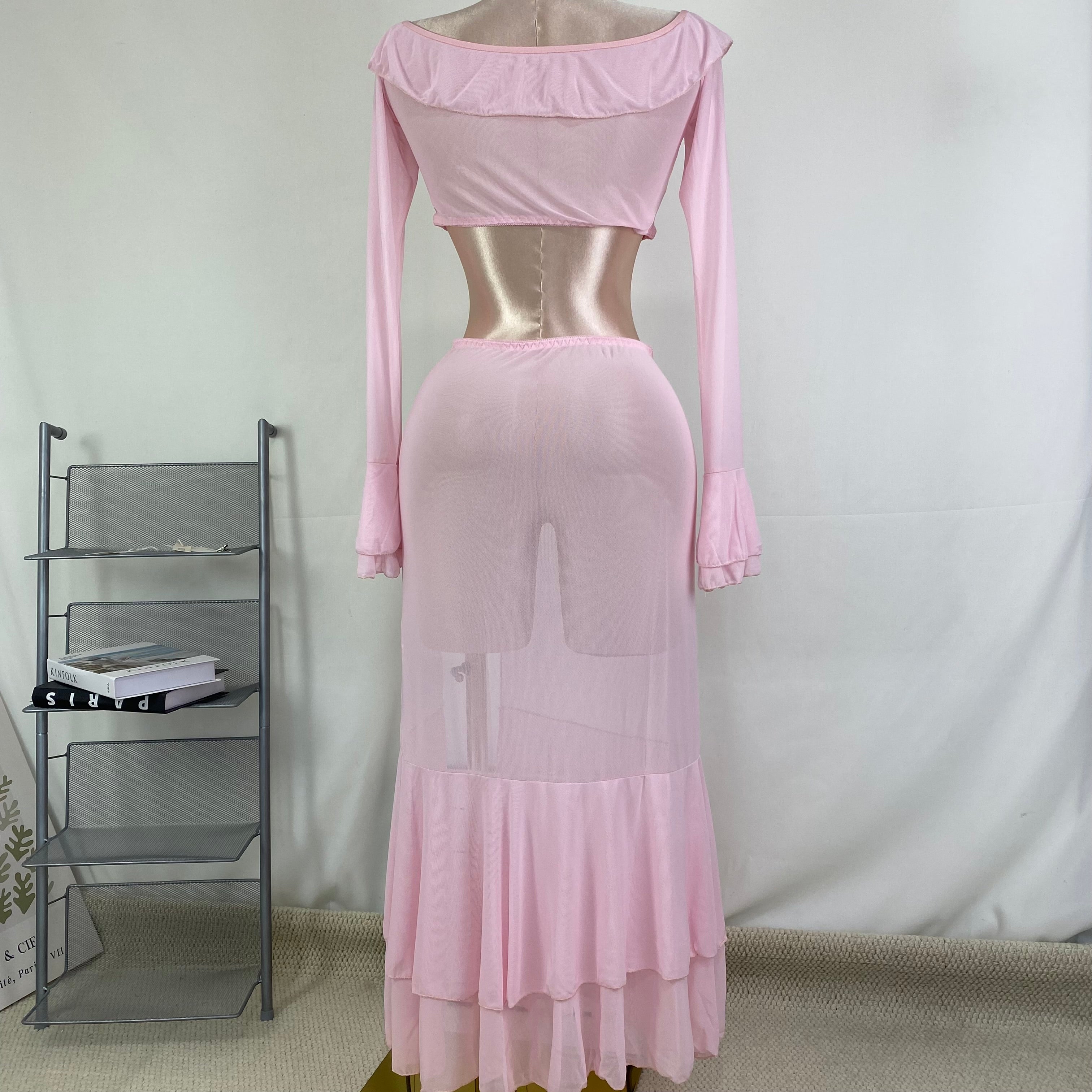 Net fabric high slit long dress set
