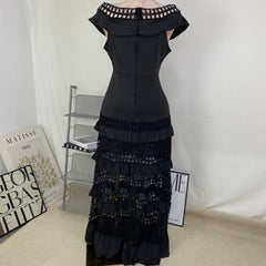 One-shoulder ruffled open-front dress