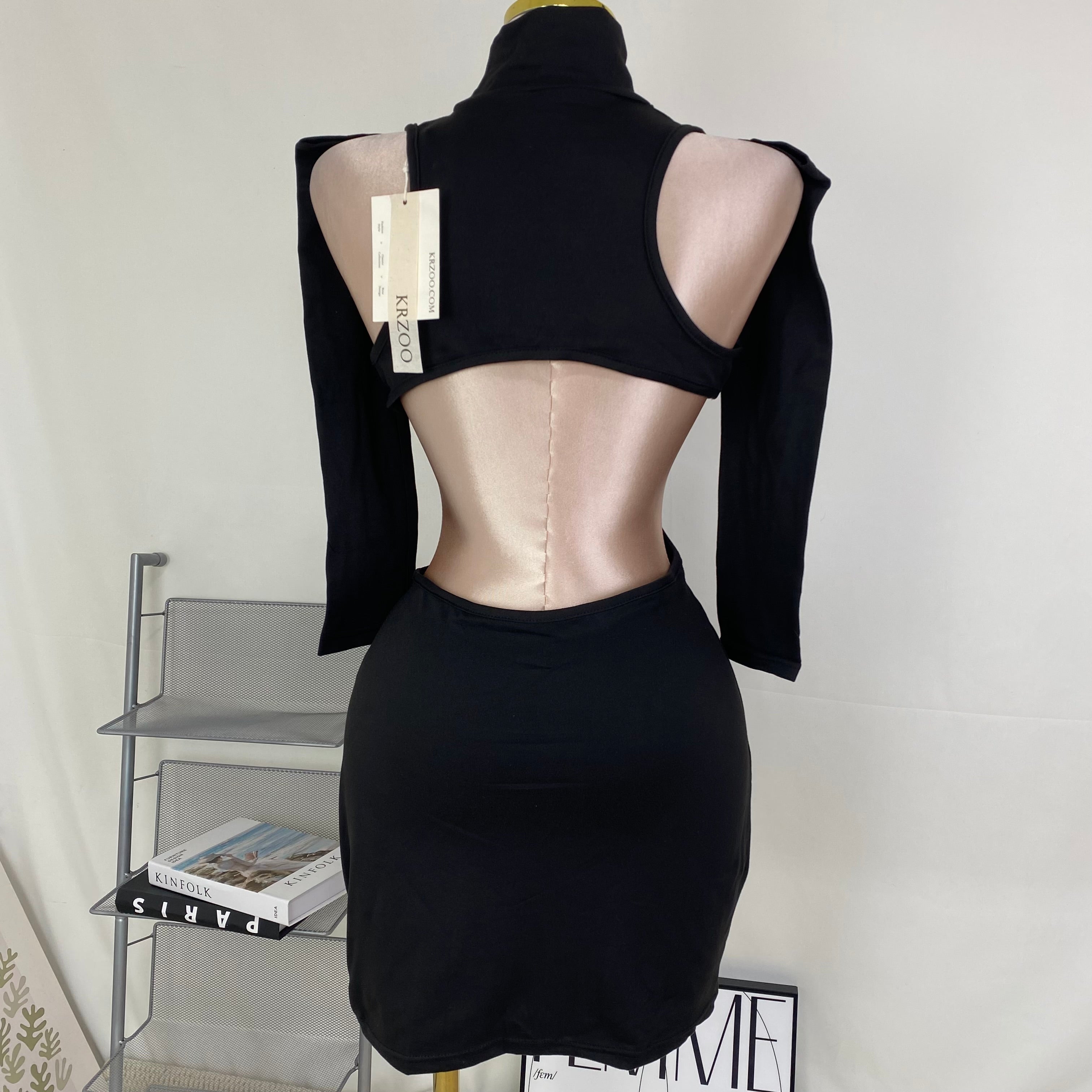 Open-necked, form-fitting, short dress