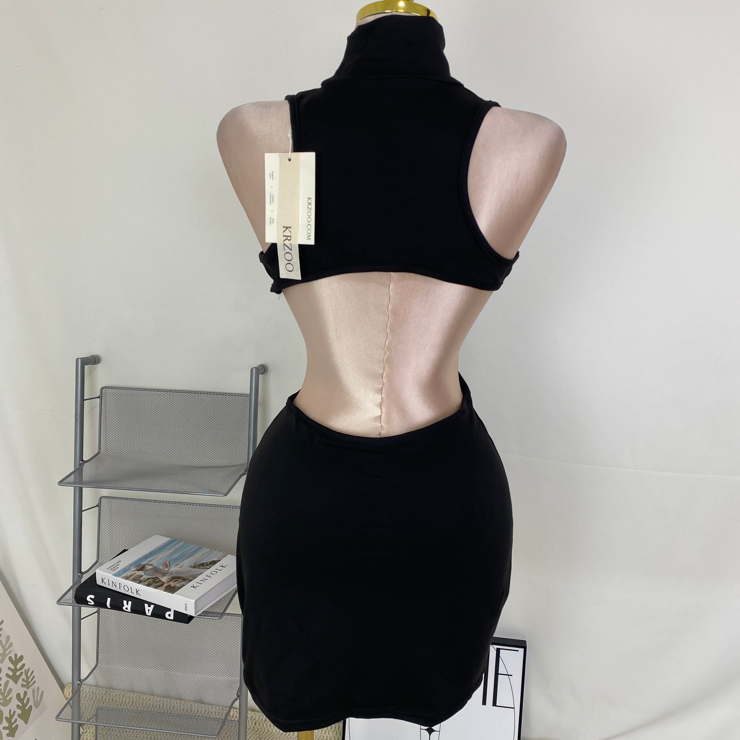 Open-necked, form-fitting, short dress