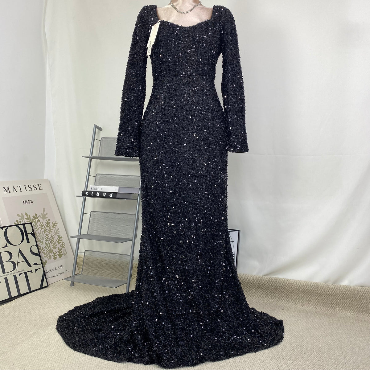 sequined trumpet sleeve long dress